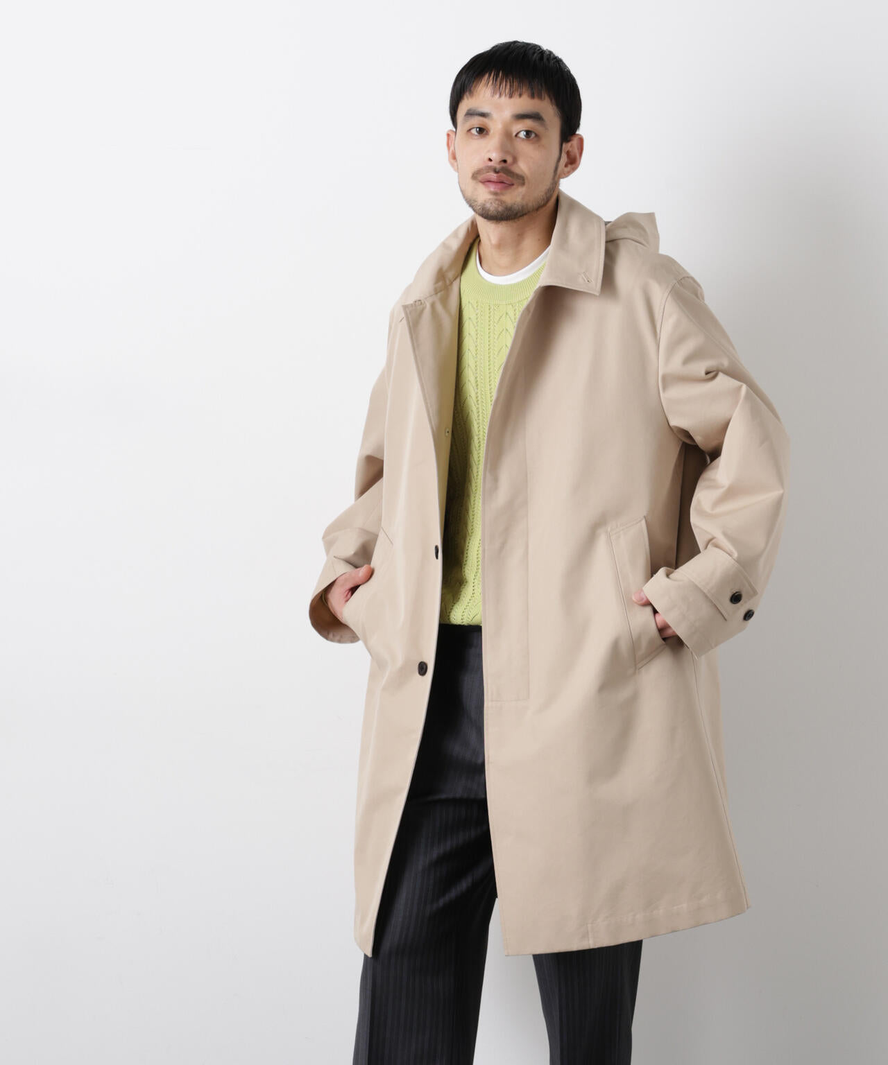 フーデッドステンカラーコート「WARP PRINT」ライニング