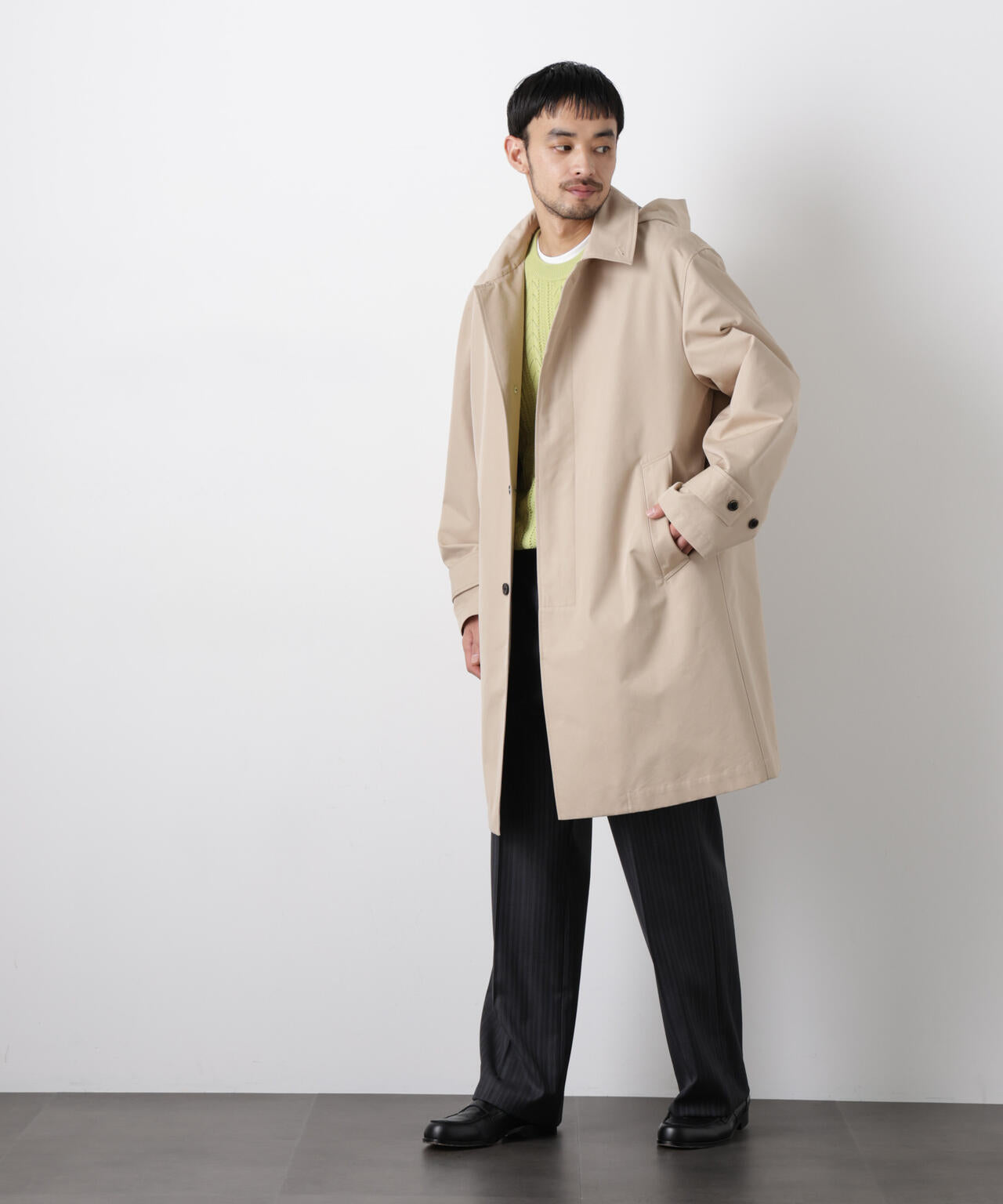 フーデッドステンカラーコート「WARP PRINT」ライニング