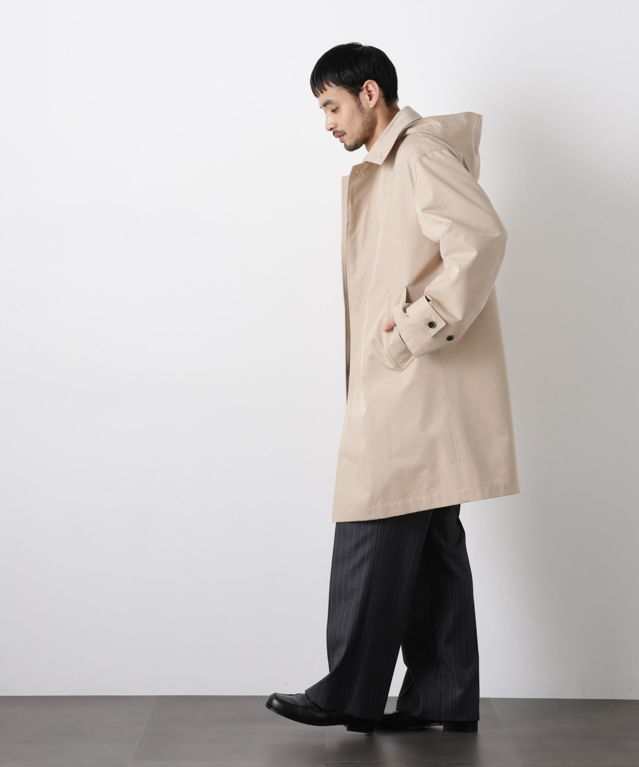 フーデッドステンカラーコート「WARP PRINT」ライニング