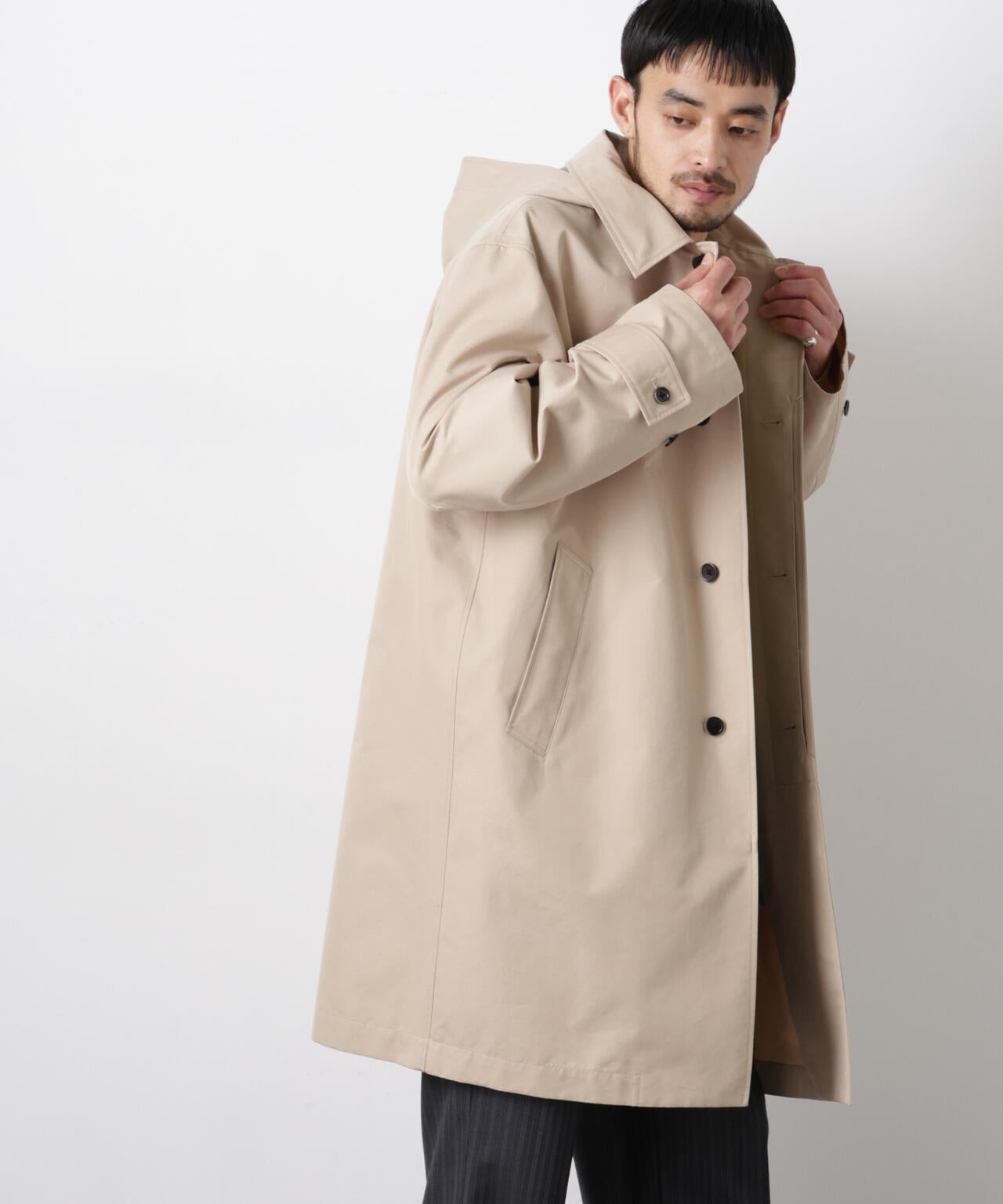 フーデッドステンカラーコート「WARP PRINT」ライニング