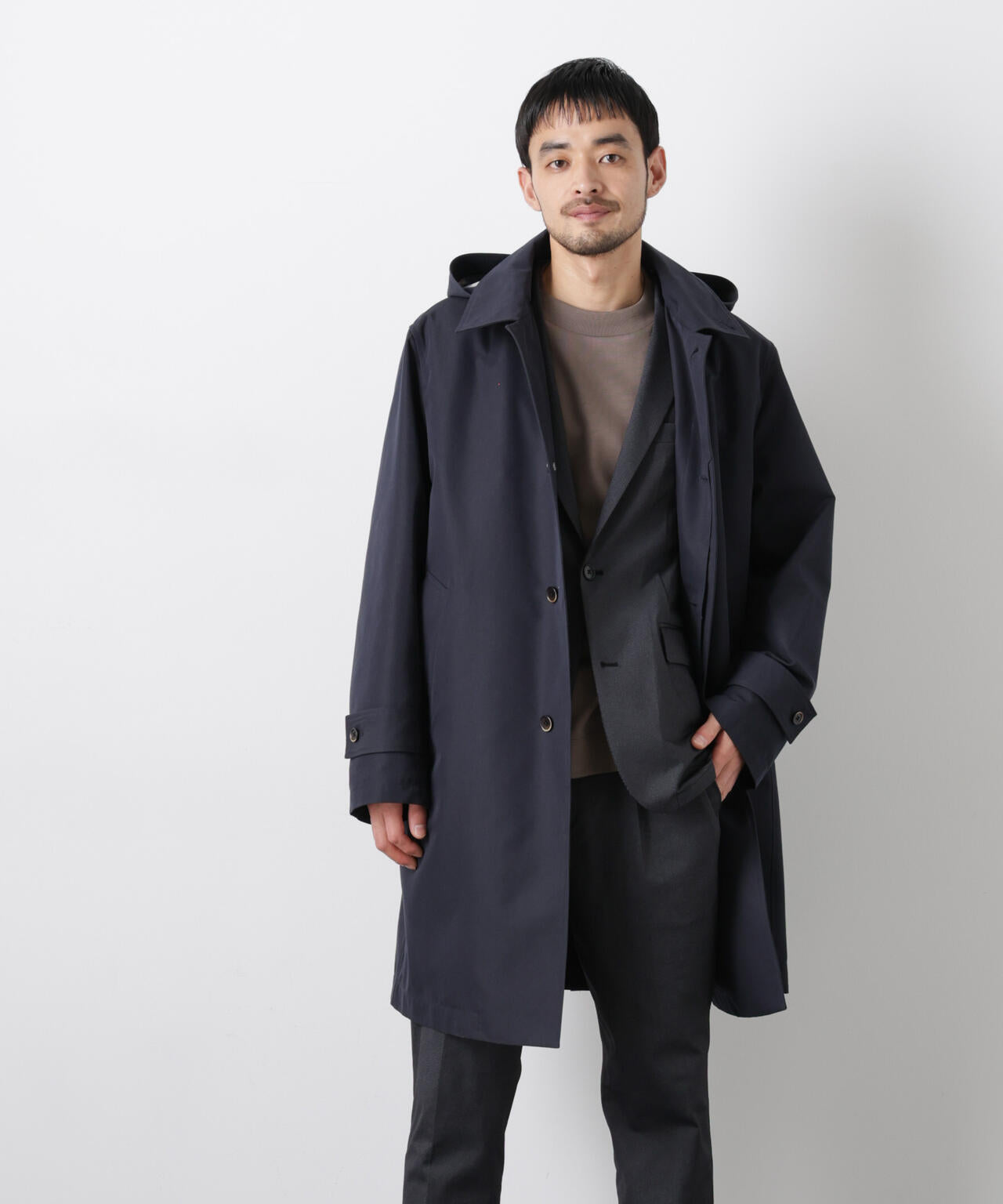 フーデッドステンカラーコート「WARP PRINT」ライニング