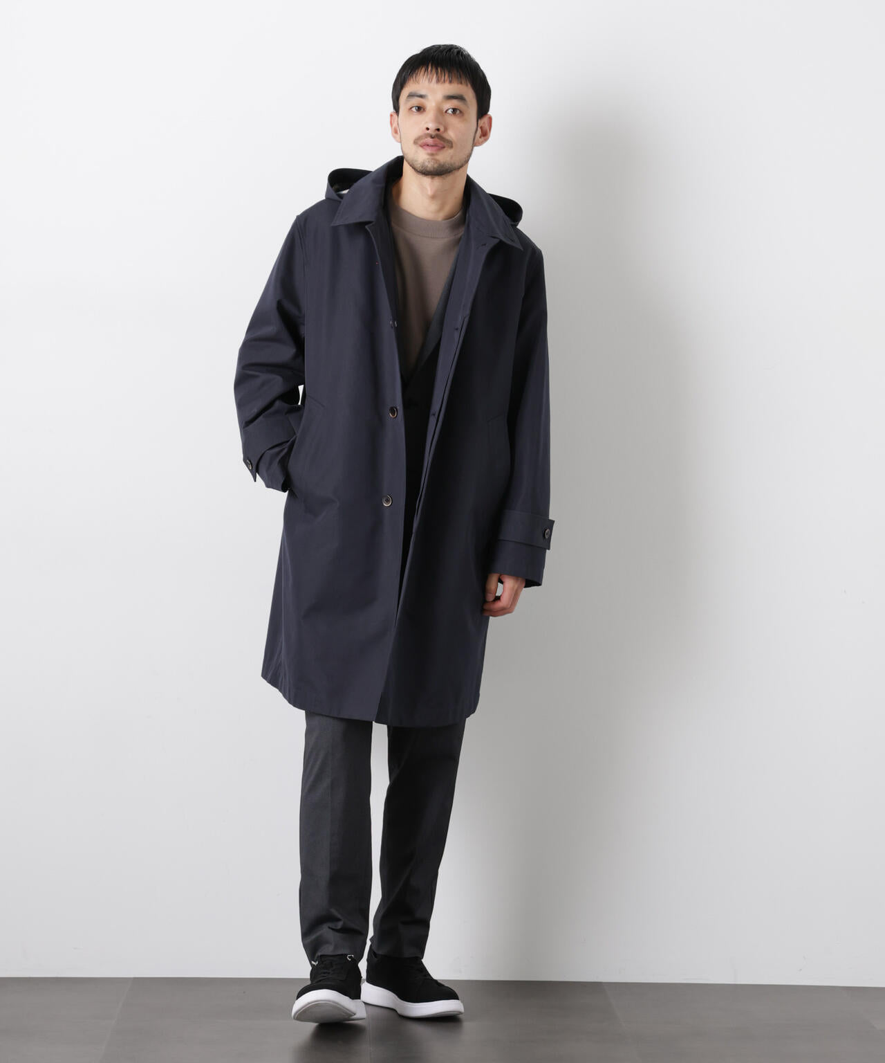 フーデッドステンカラーコート「WARP PRINT」ライニング