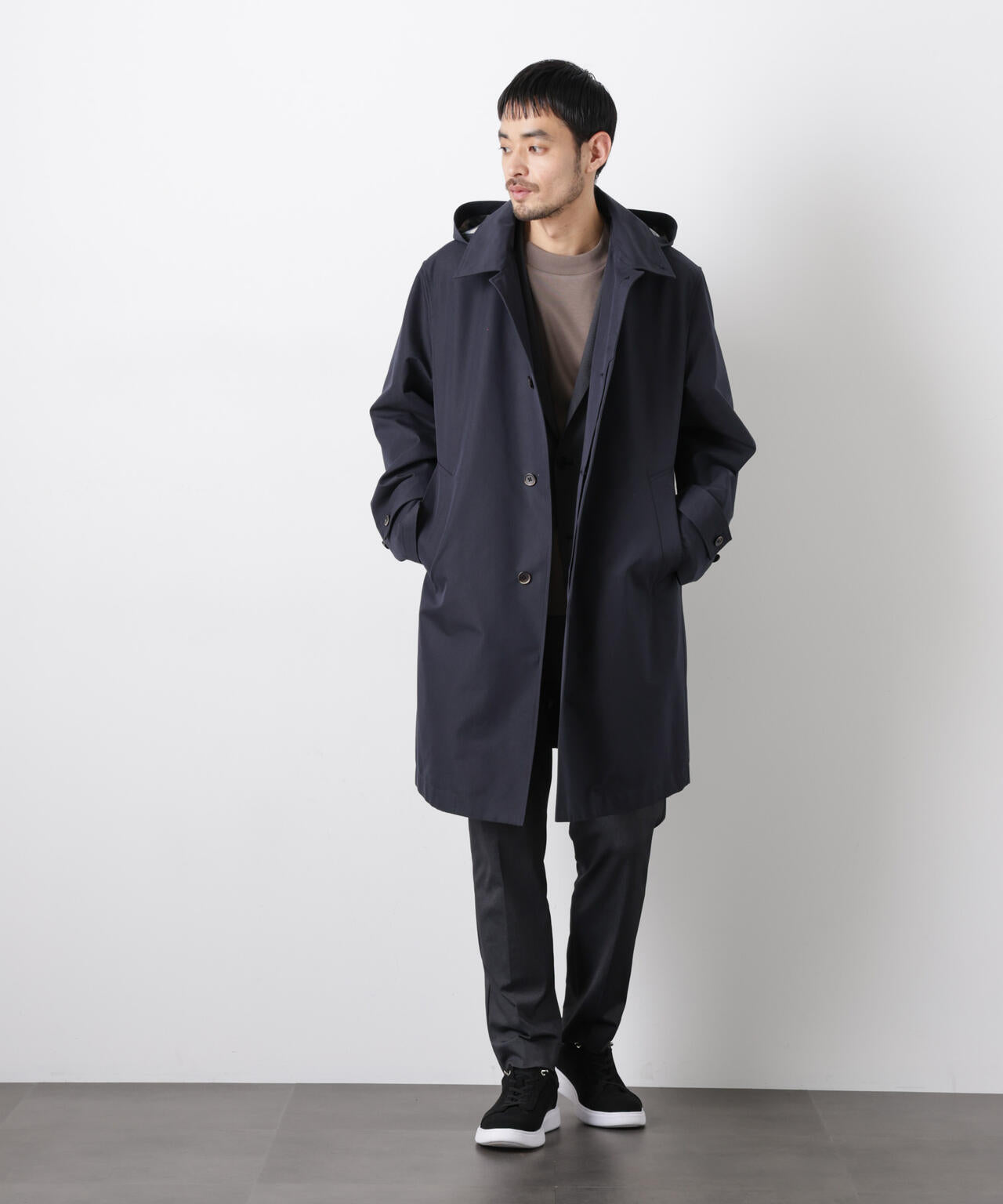 フーデッドステンカラーコート「WARP PRINT」ライニング