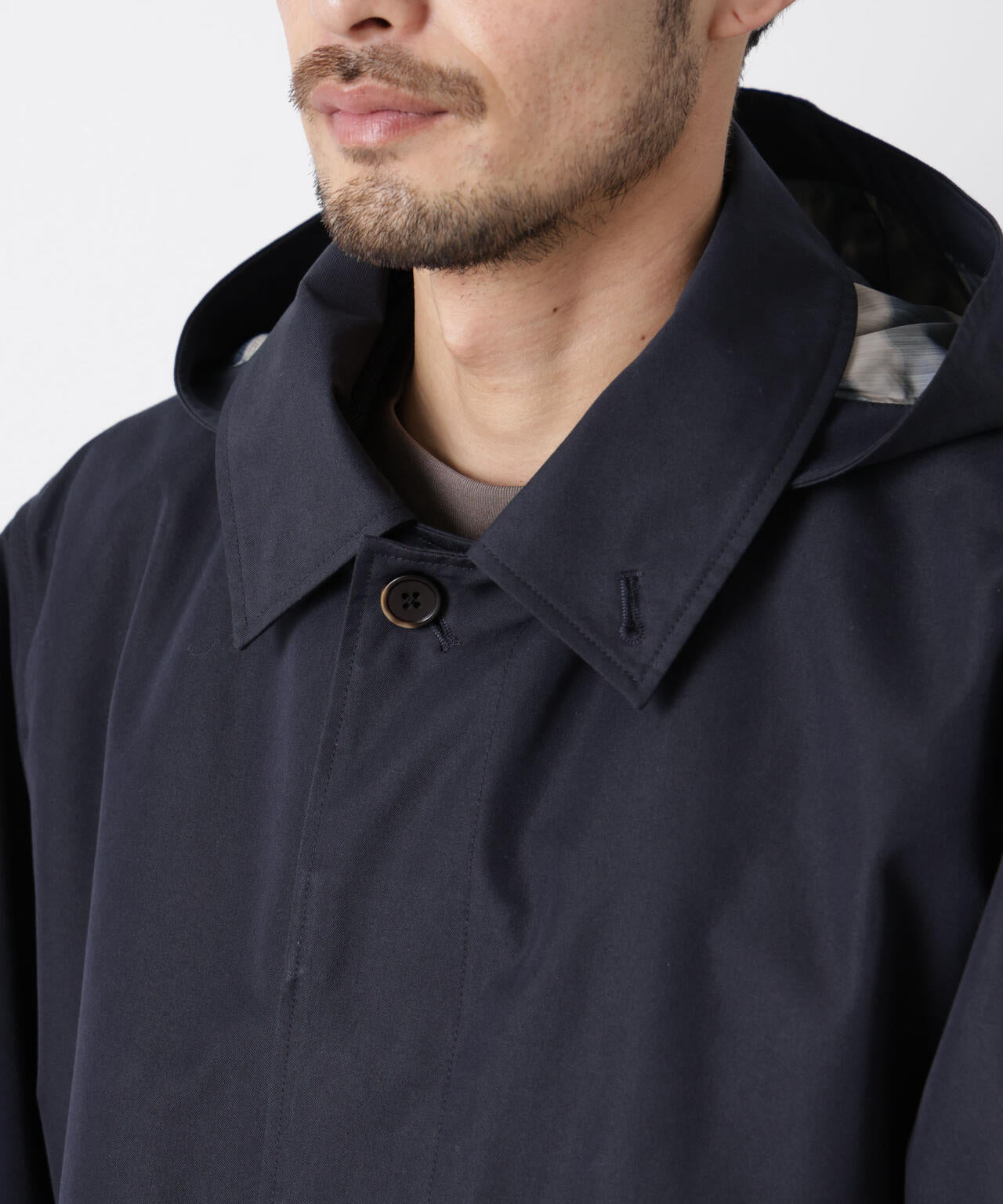 フーデッドステンカラーコート「WARP PRINT」ライニング