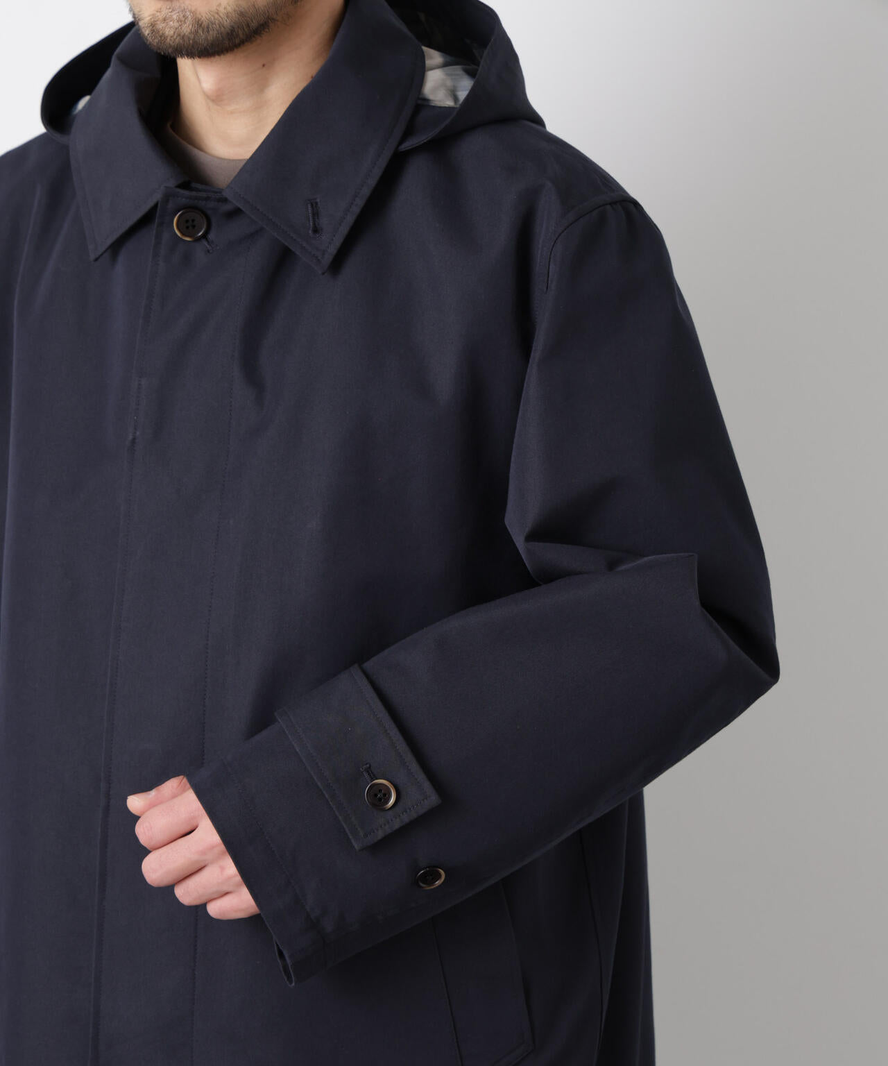 フーデッドステンカラーコート「WARP PRINT」ライニング