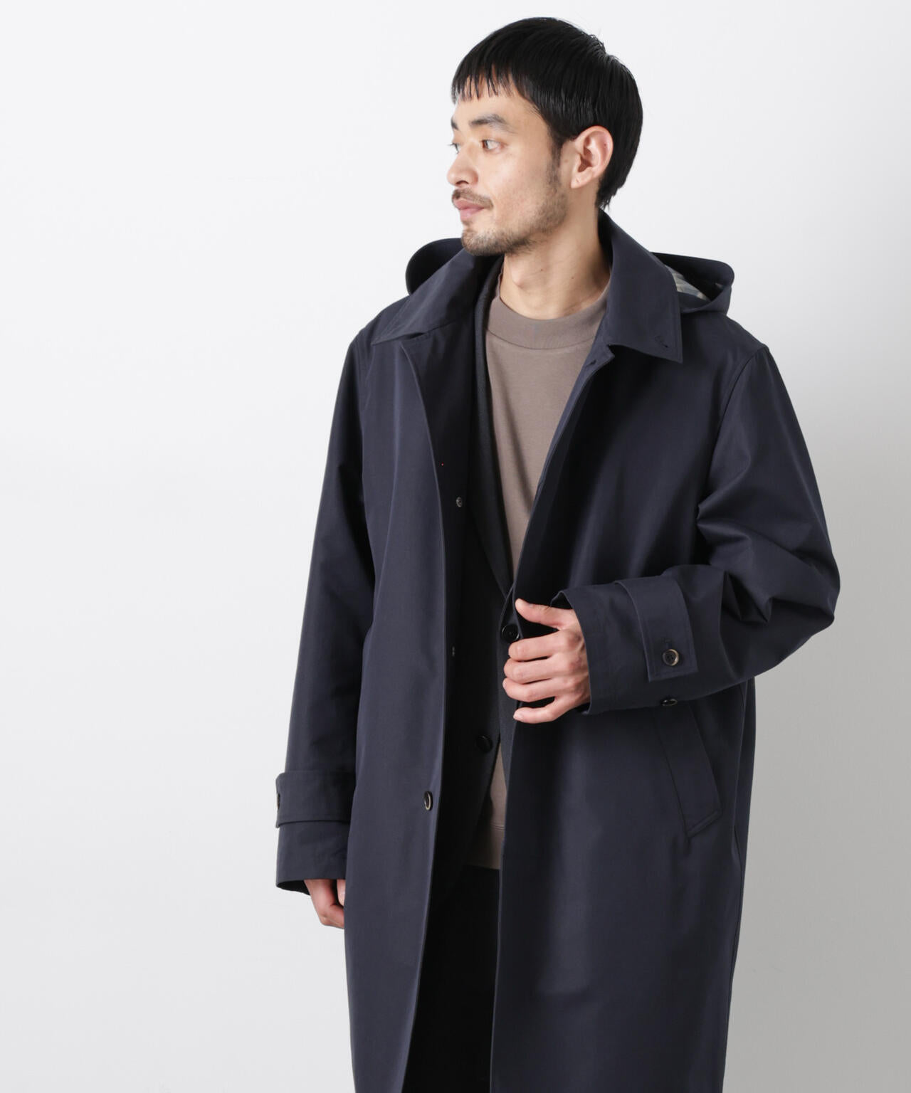 フーデッドステンカラーコート「WARP PRINT」ライニング