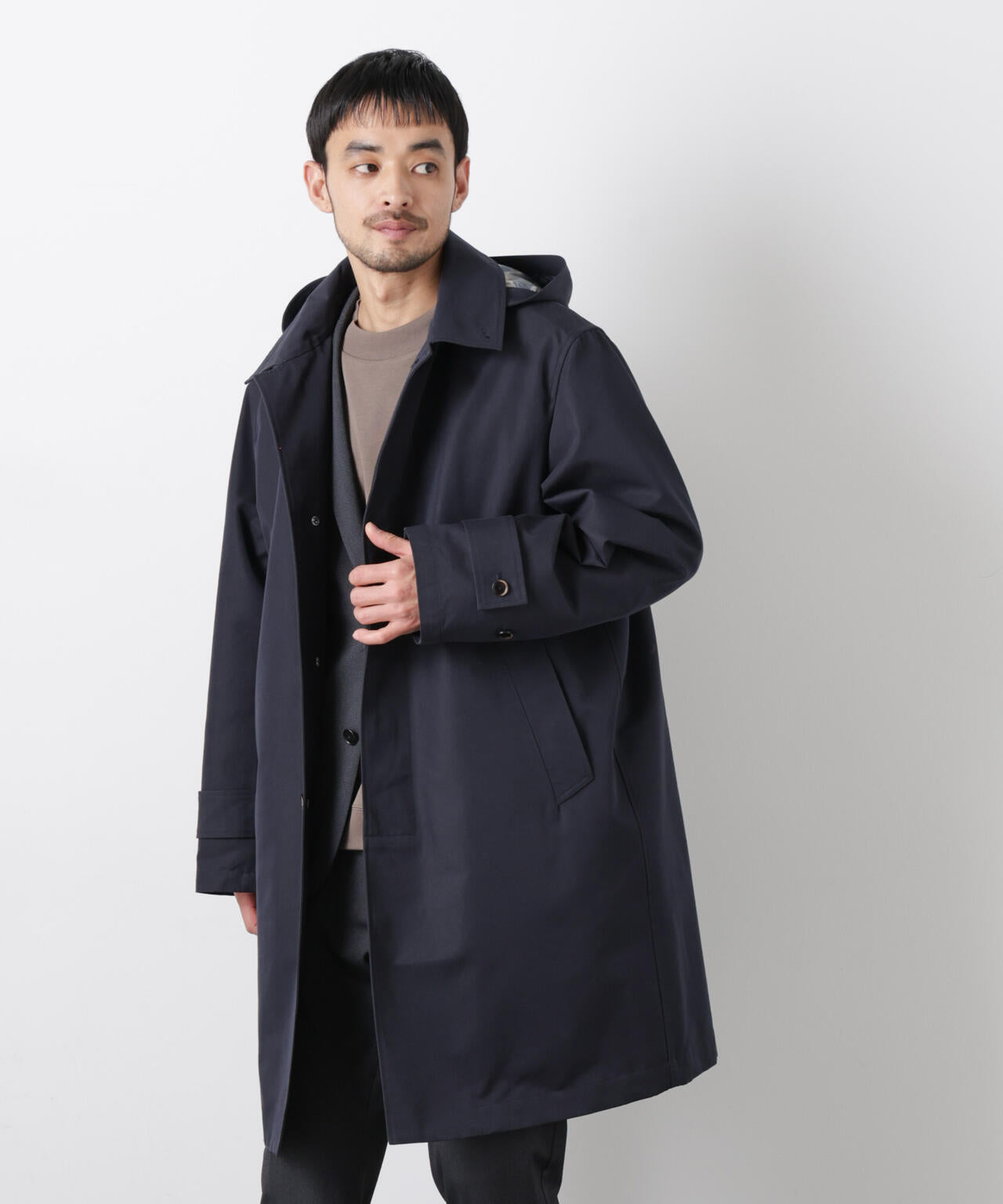 フーデッドステンカラーコート「WARP PRINT」ライニング