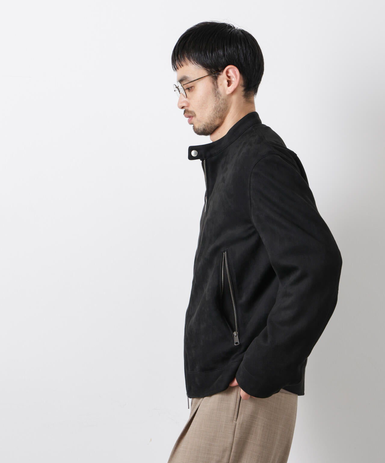 フェイクスエードバンドカラーライダースジャケット