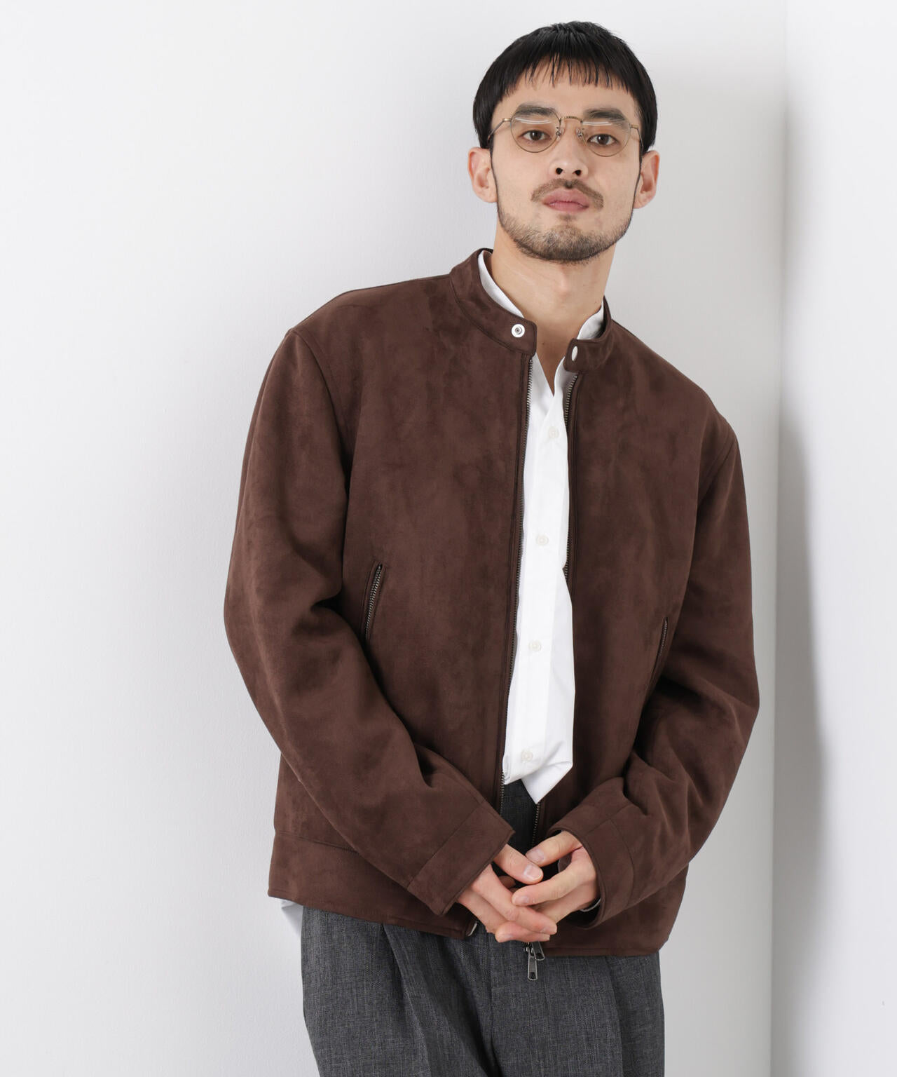 フェイクスエードバンドカラーライダースジャケット