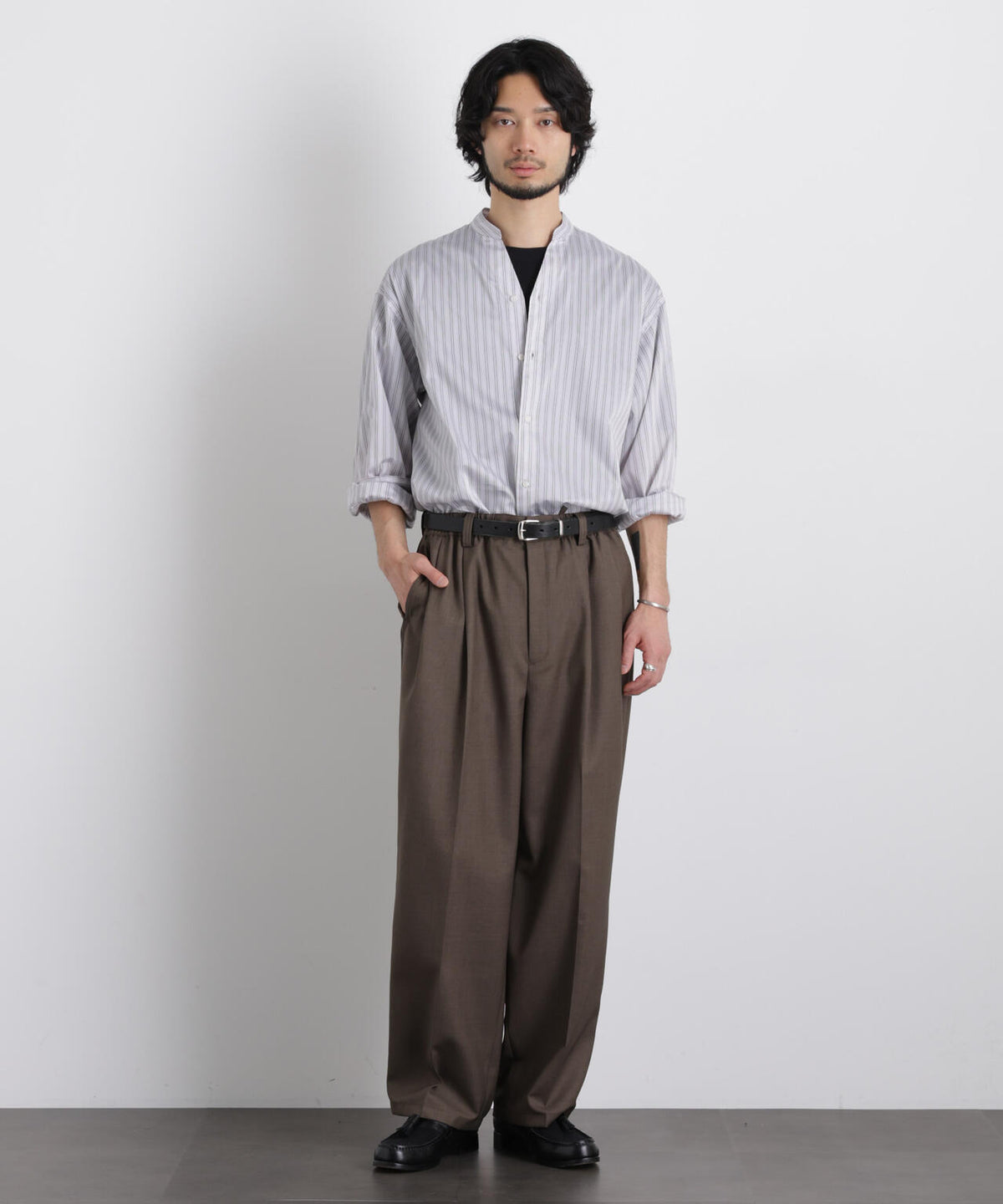 「OtoNANO」大人のワイドシャツバンドカラー ストライプ長袖