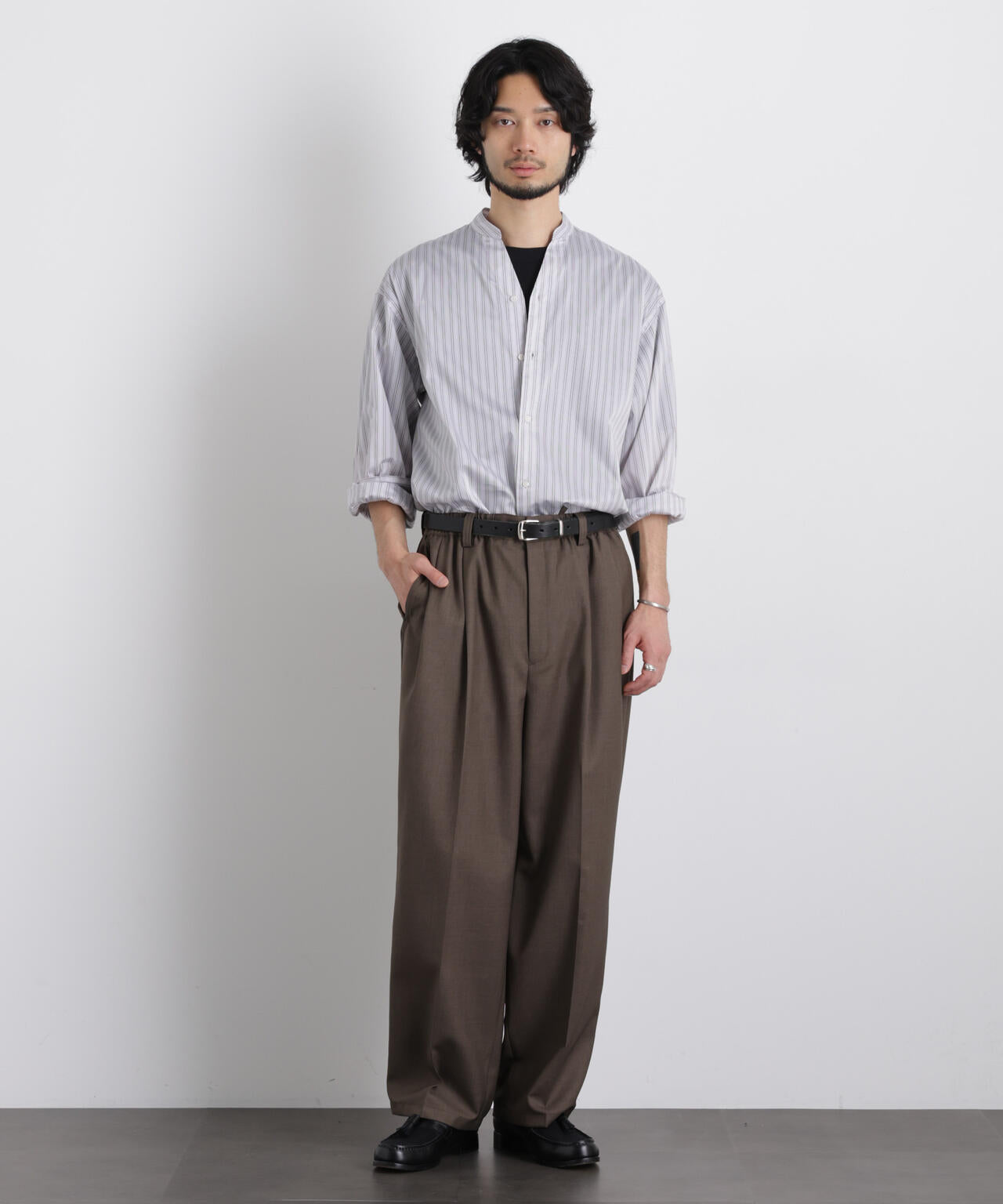 「OtoNANO」大人のワイドシャツバンドカラー ストライプ長袖