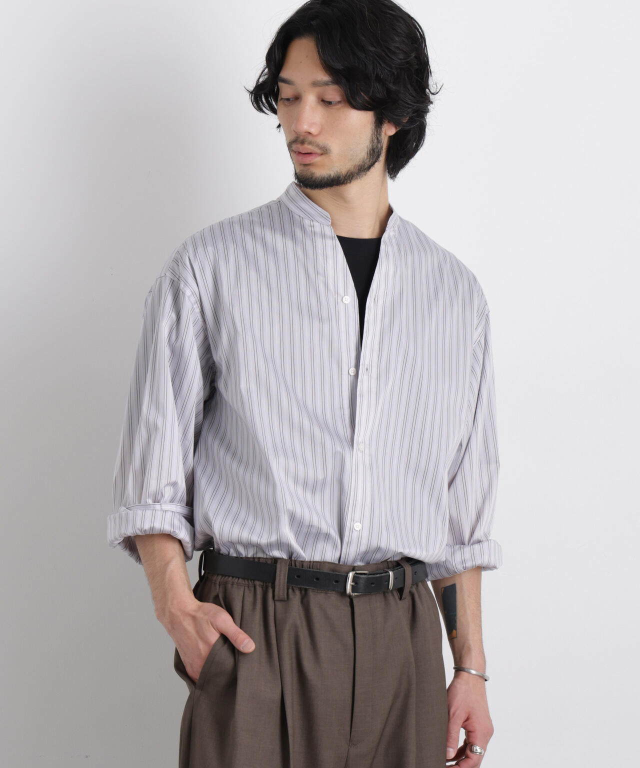 「OtoNANO」大人のワイドシャツバンドカラー ストライプ長袖