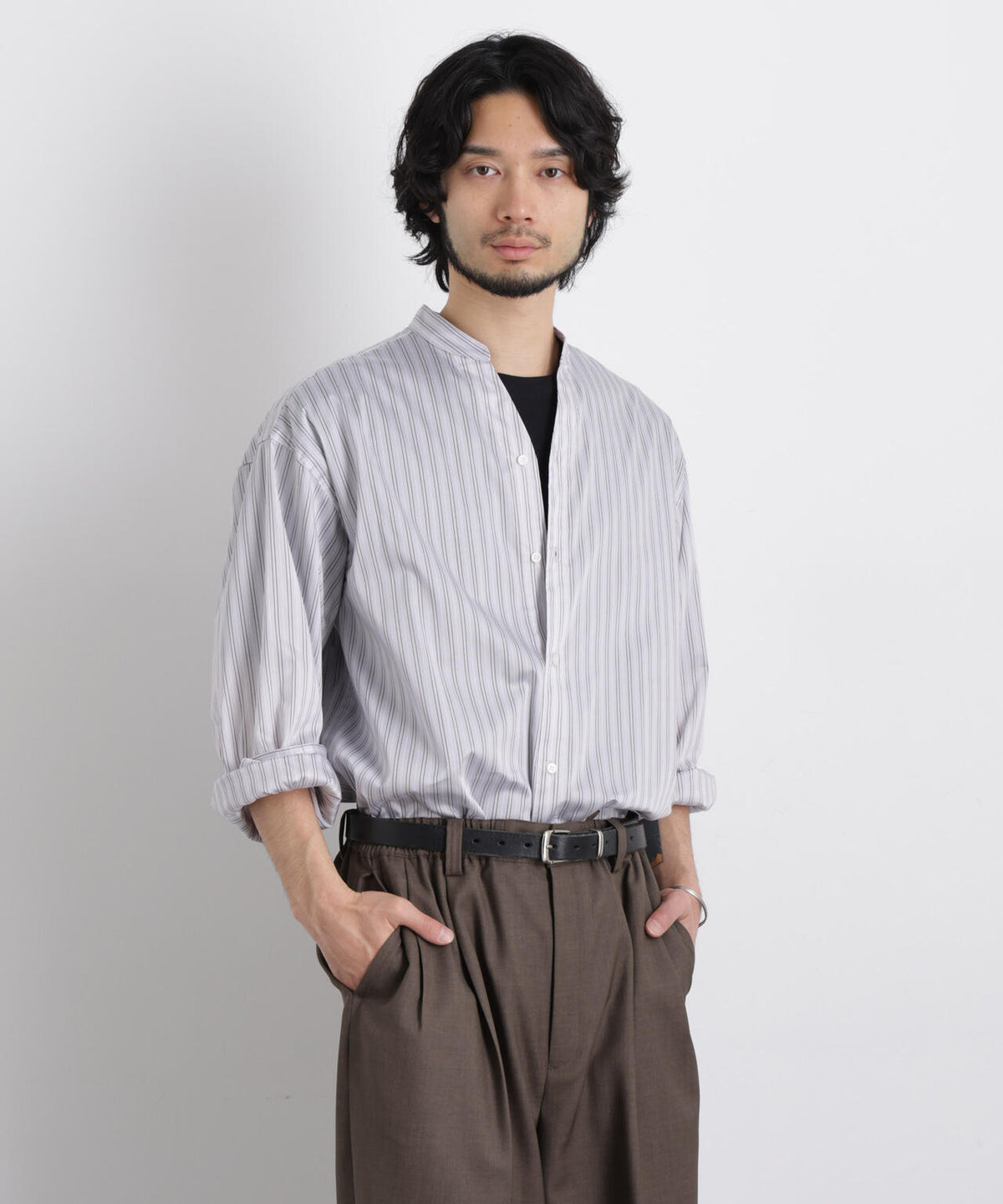 「OtoNANO」大人のワイドシャツバンドカラー ストライプ長袖