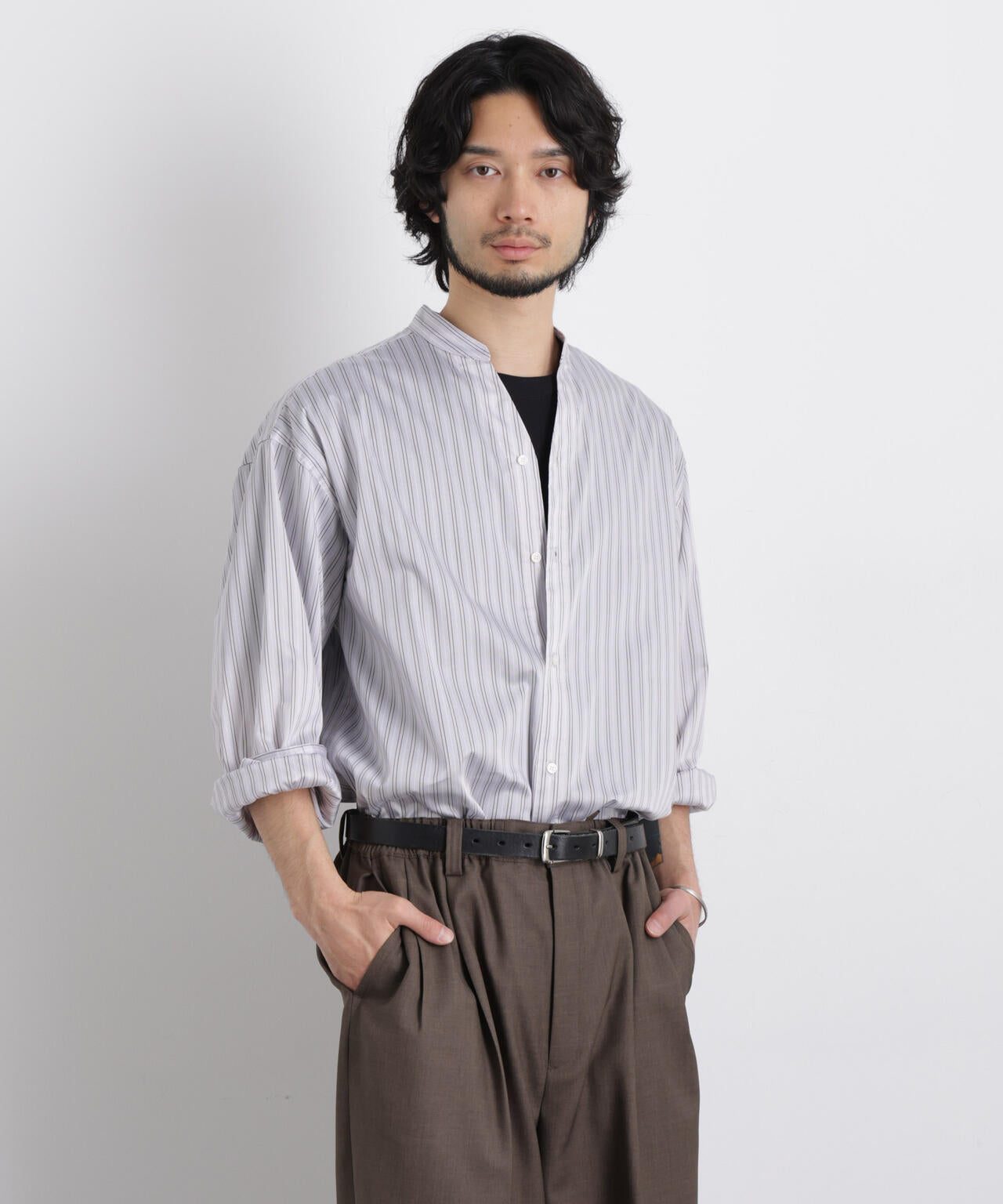 「OtoNANO」大人のワイドシャツバンドカラー ストライプ長袖