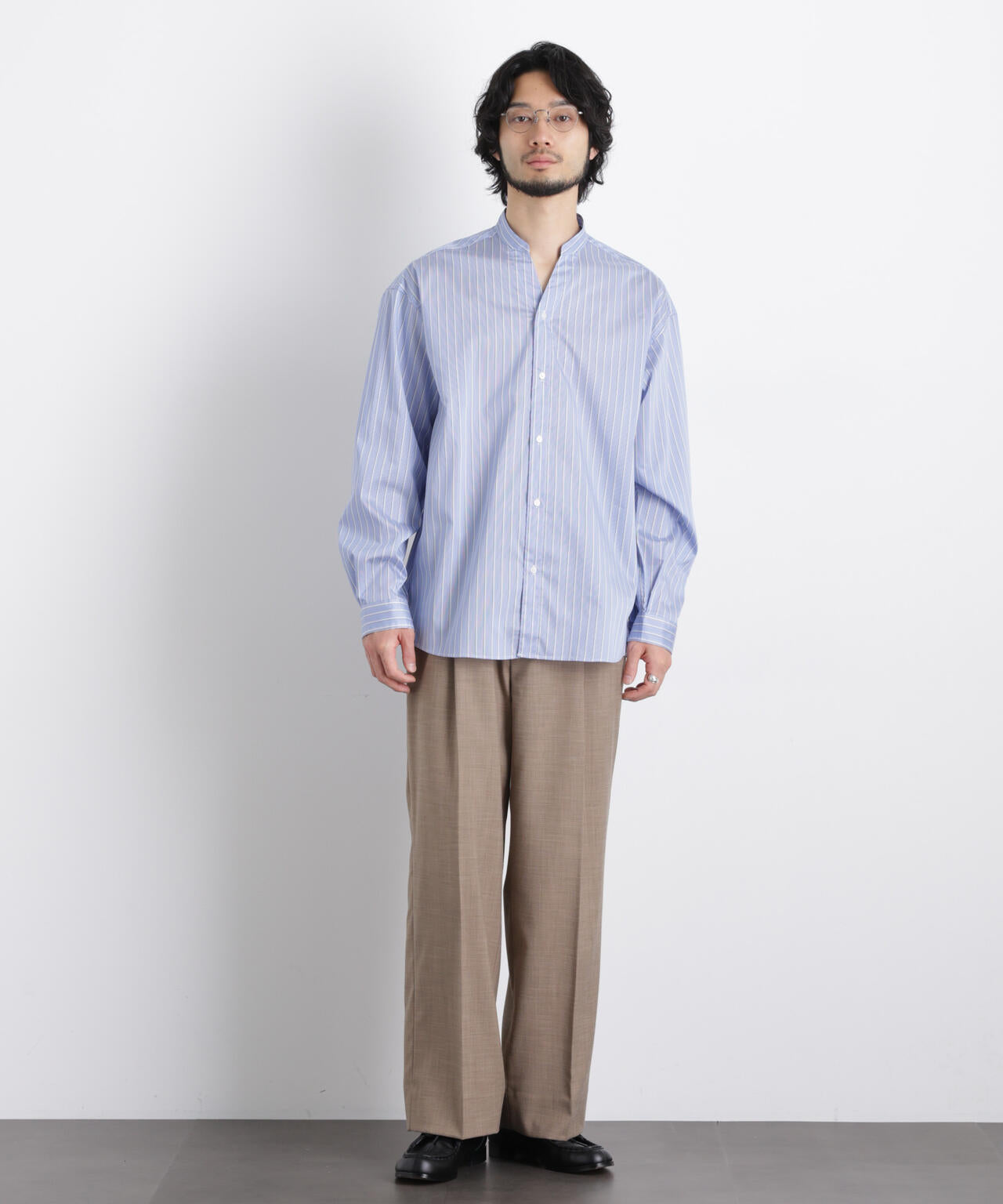 「OtoNANO」大人のワイドシャツバンドカラー ストライプ長袖