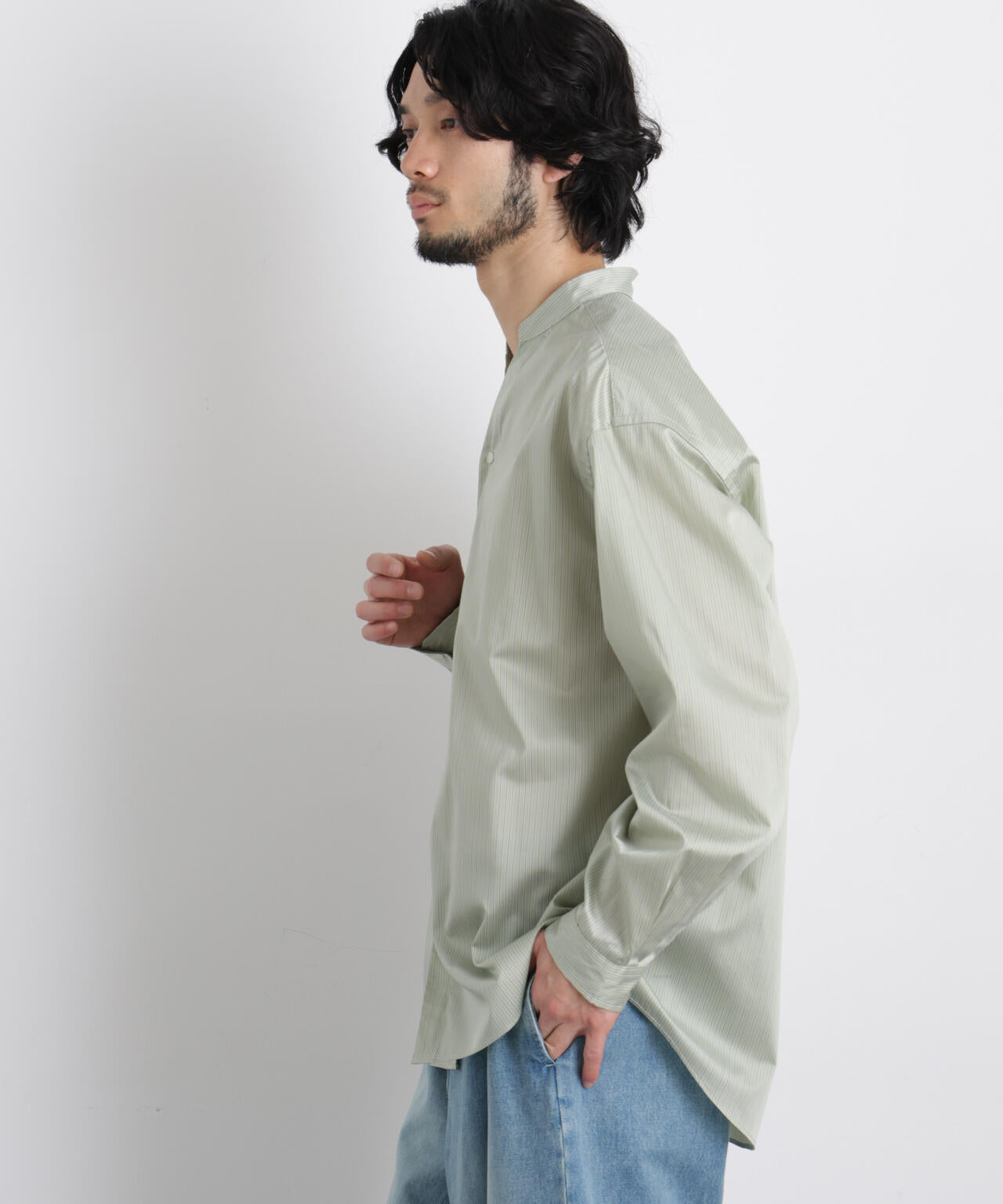 「OtoNANO」大人のワイドシャツバンドカラー ストライプ長袖