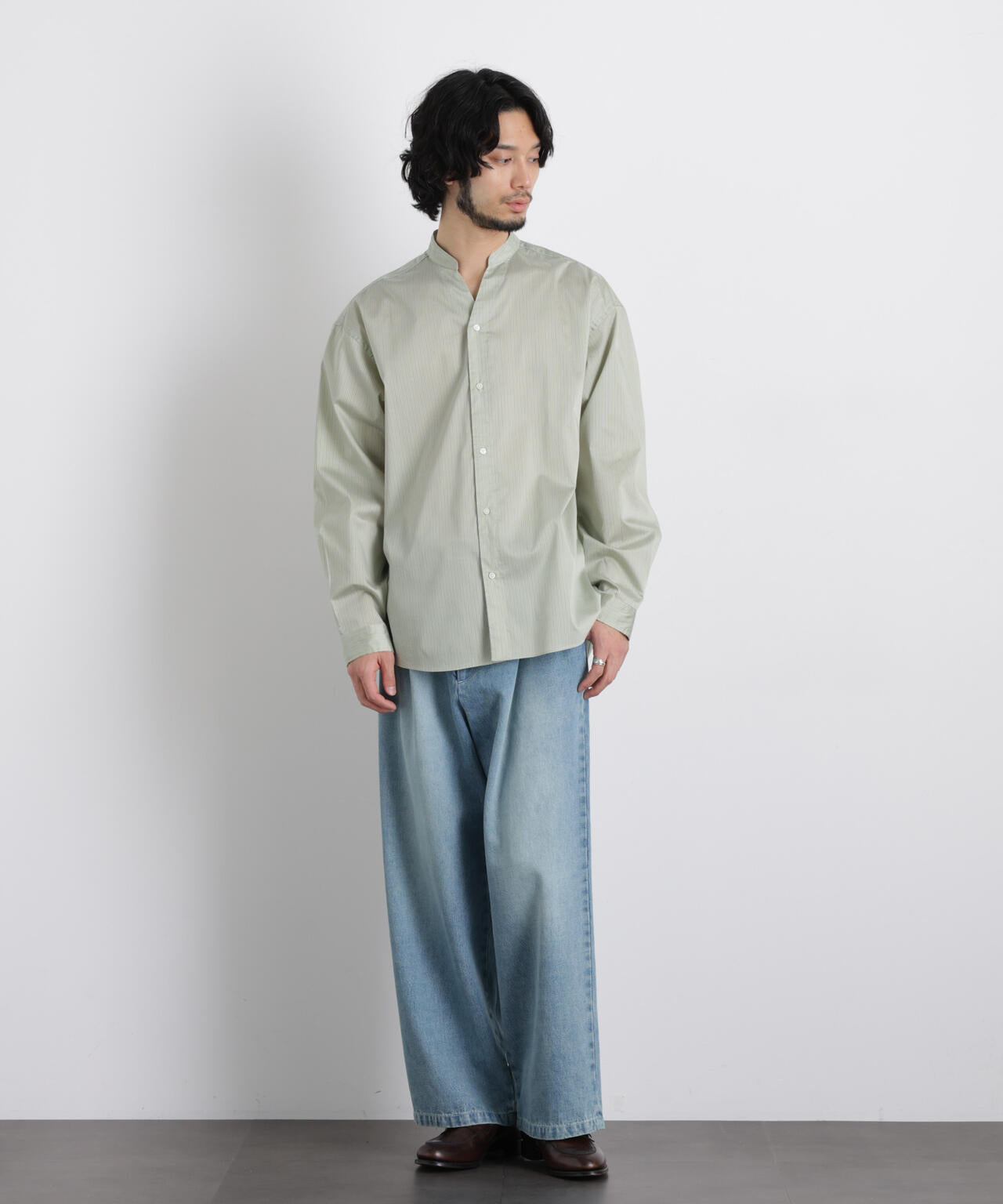 「OtoNANO」大人のワイドシャツバンドカラー ストライプ長袖