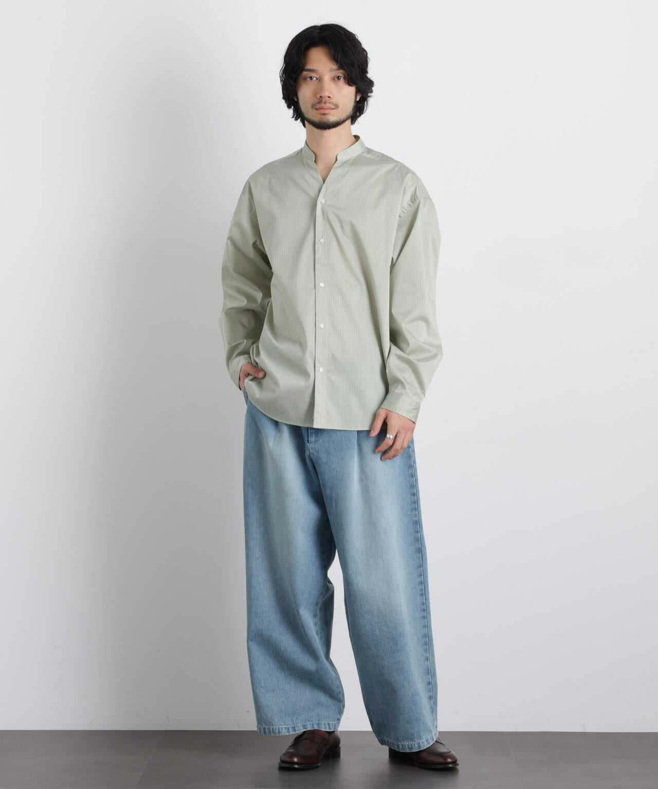 「OtoNANO」大人のワイドシャツバンドカラー ストライプ長袖