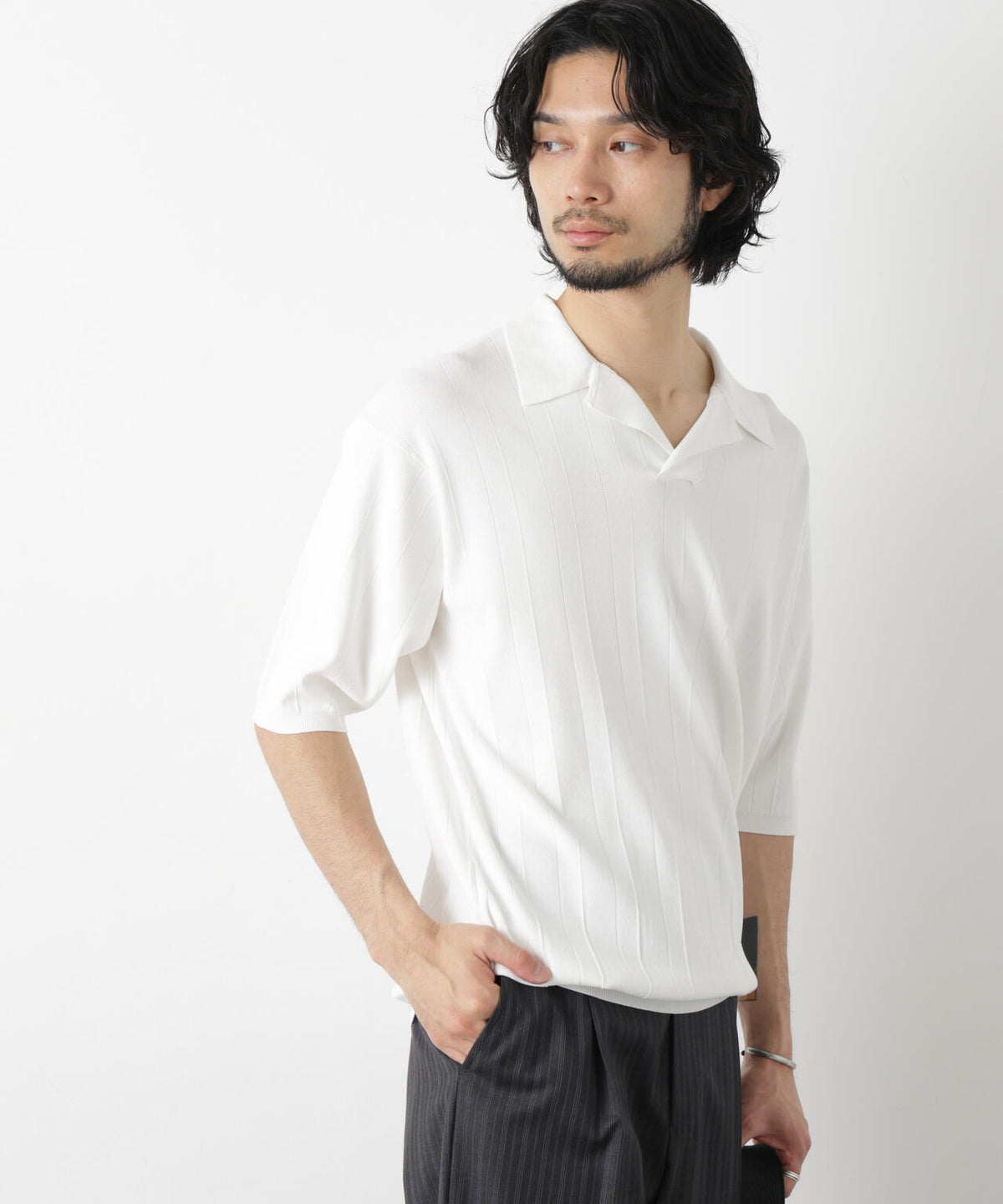 「ASSEMBLANC」 針抜きスキッパーポロ