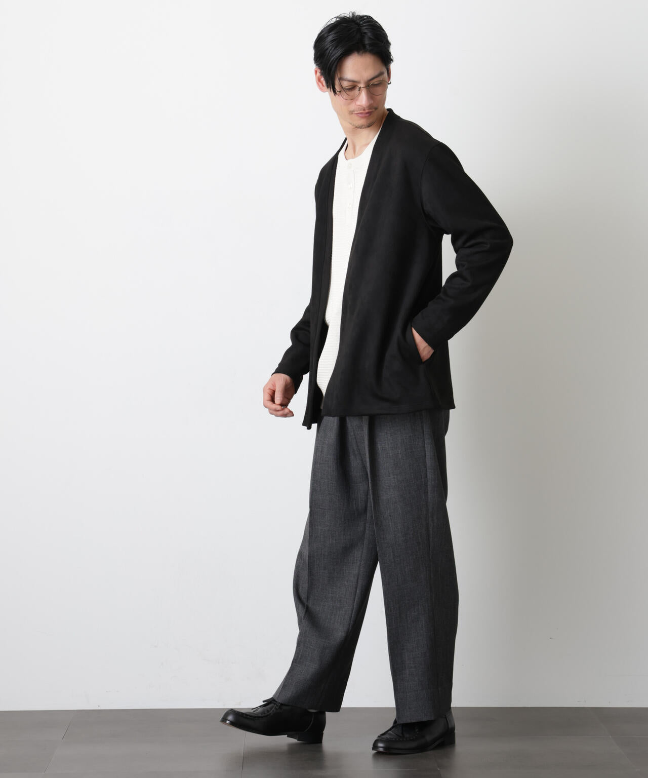 「モダンコンフォート」フェイクスエードトッパーカーディガン