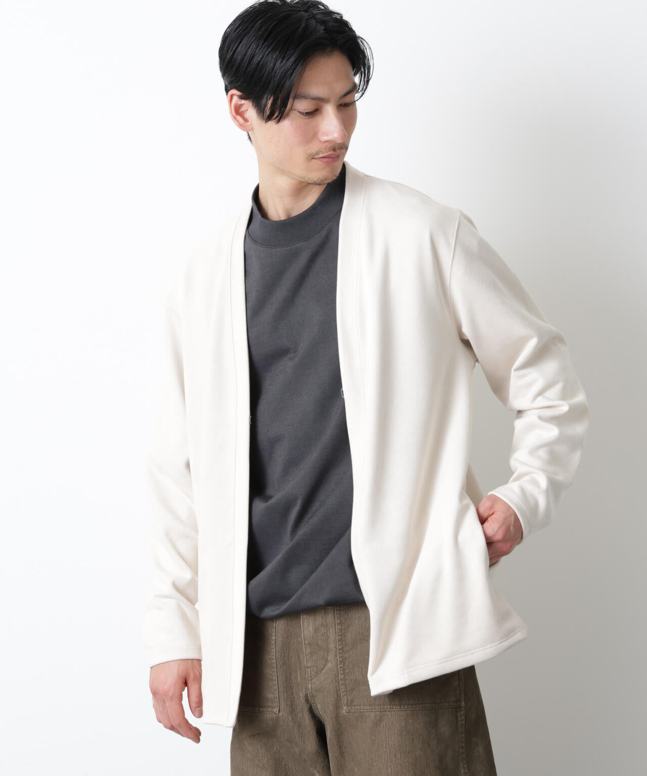 「モダンコンフォート」フェイクスエードトッパーカーディガン