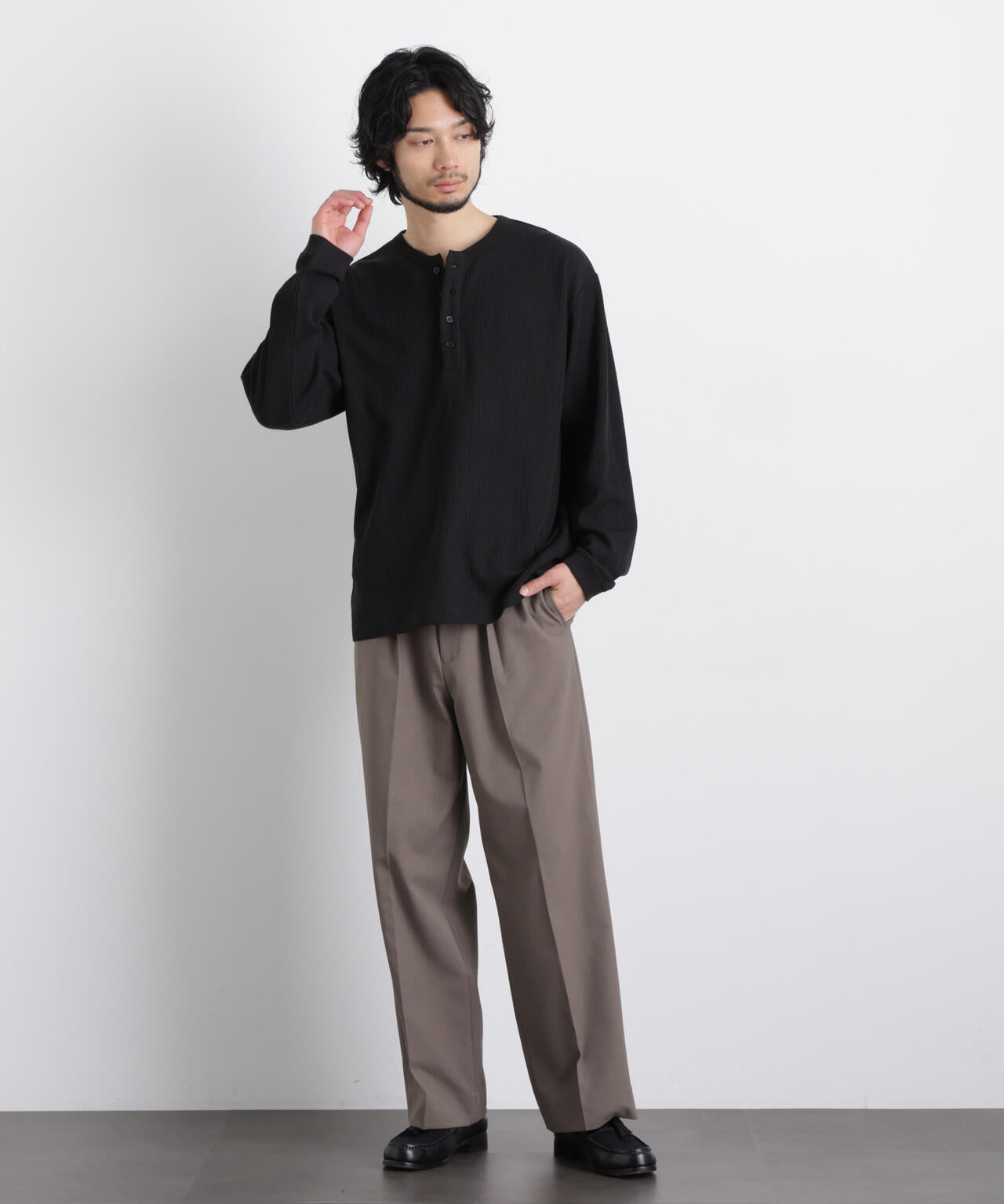 「ASSEMBLANC」 ドロップニードルリブ ヘンリーネック