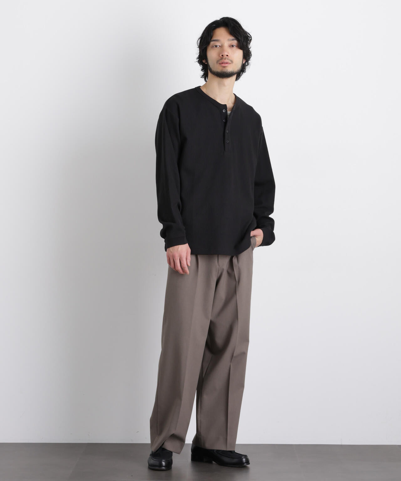 「ASSEMBLANC」 ドロップニードルリブ ヘンリーネック