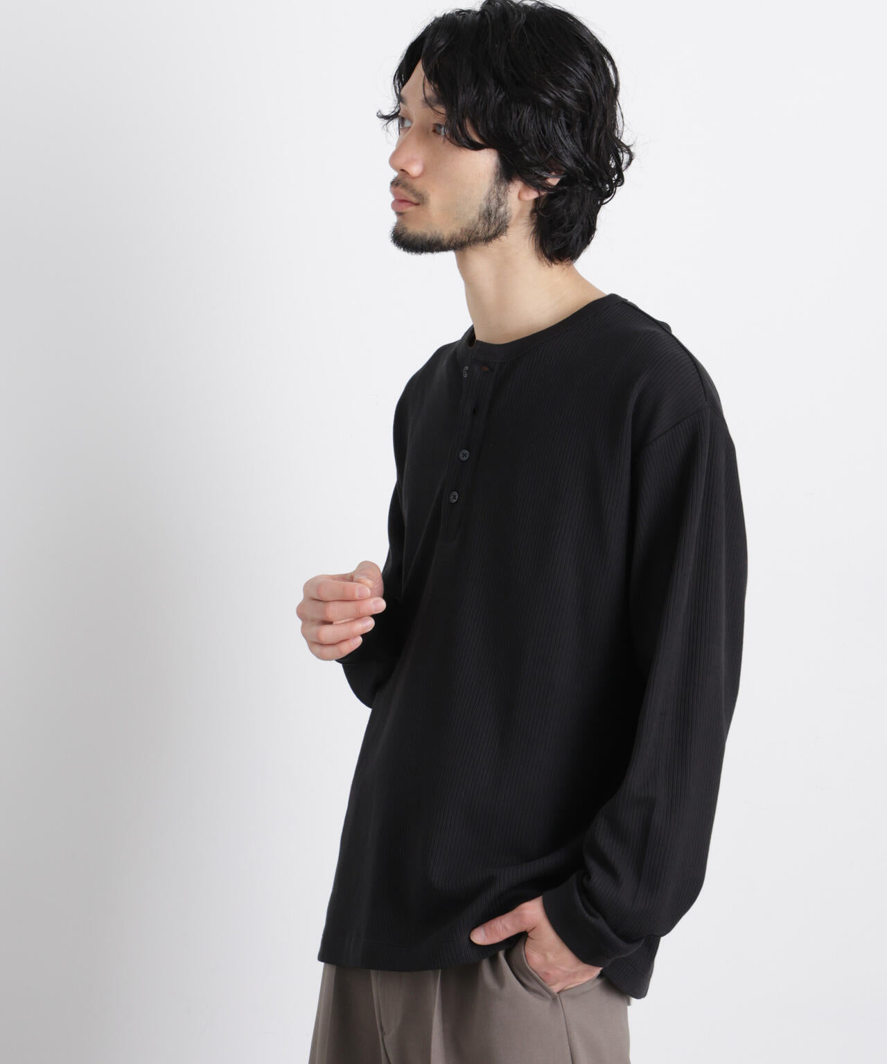 「ASSEMBLANC」 ドロップニードルリブ ヘンリーネック