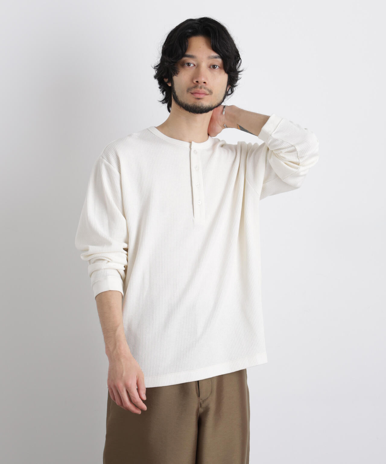 「ASSEMBLANC」 ドロップニードルリブ ヘンリーネック