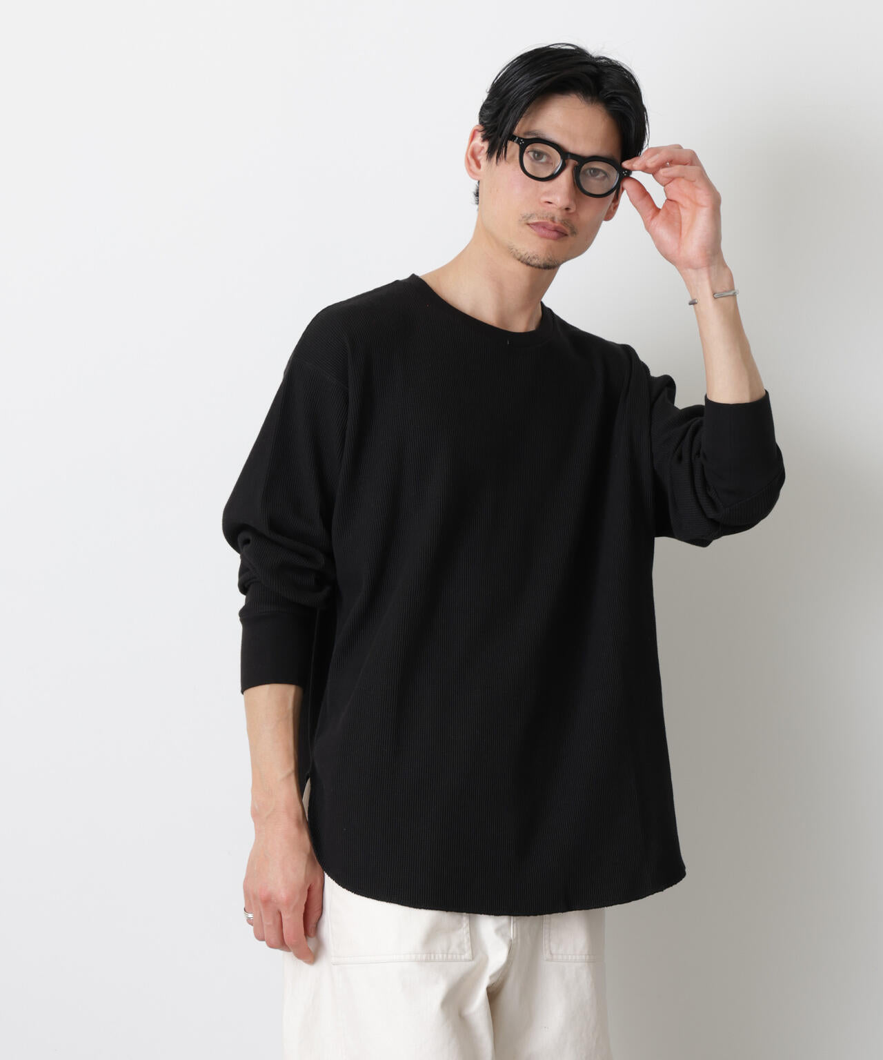 ミニワッフルクルーネックTシャツ 長袖