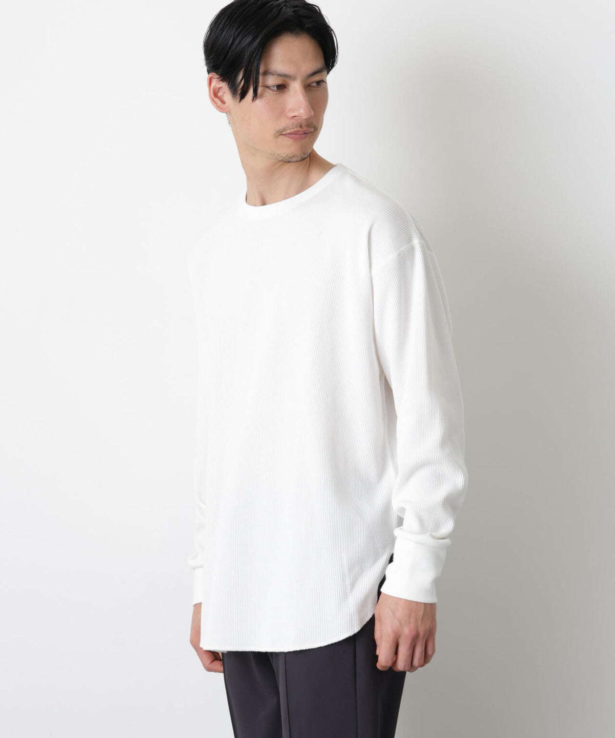 ミニワッフルクルーネックTシャツ 長袖