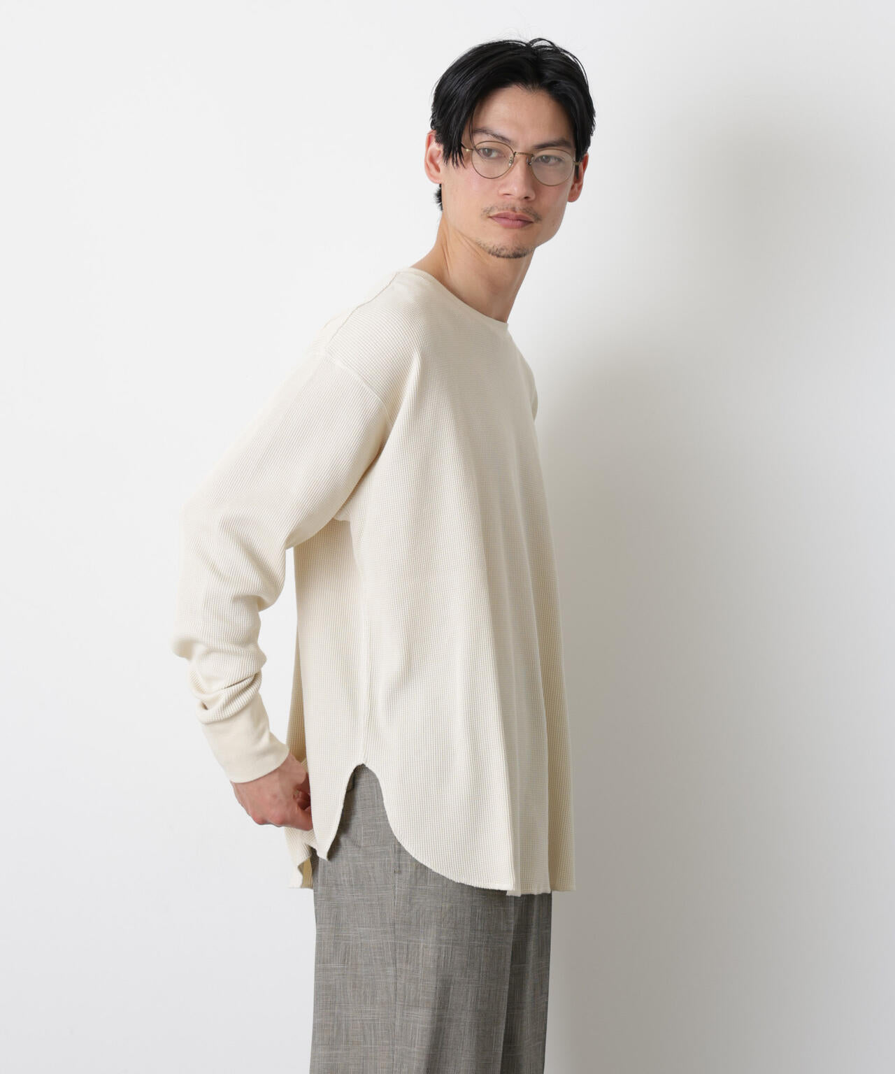 ミニワッフルクルーネックTシャツ 長袖