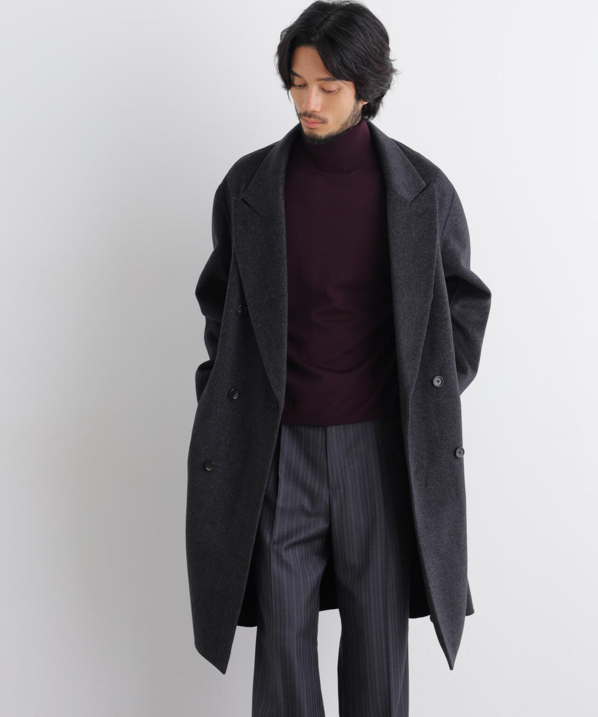 「ASSEMBLANC」 カシミヤブレンドリバーピークドラペルダブルコート