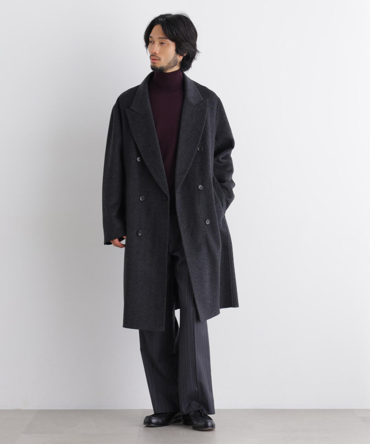 「ASSEMBLANC」 カシミヤブレンドリバーピークドラペルダブルコート