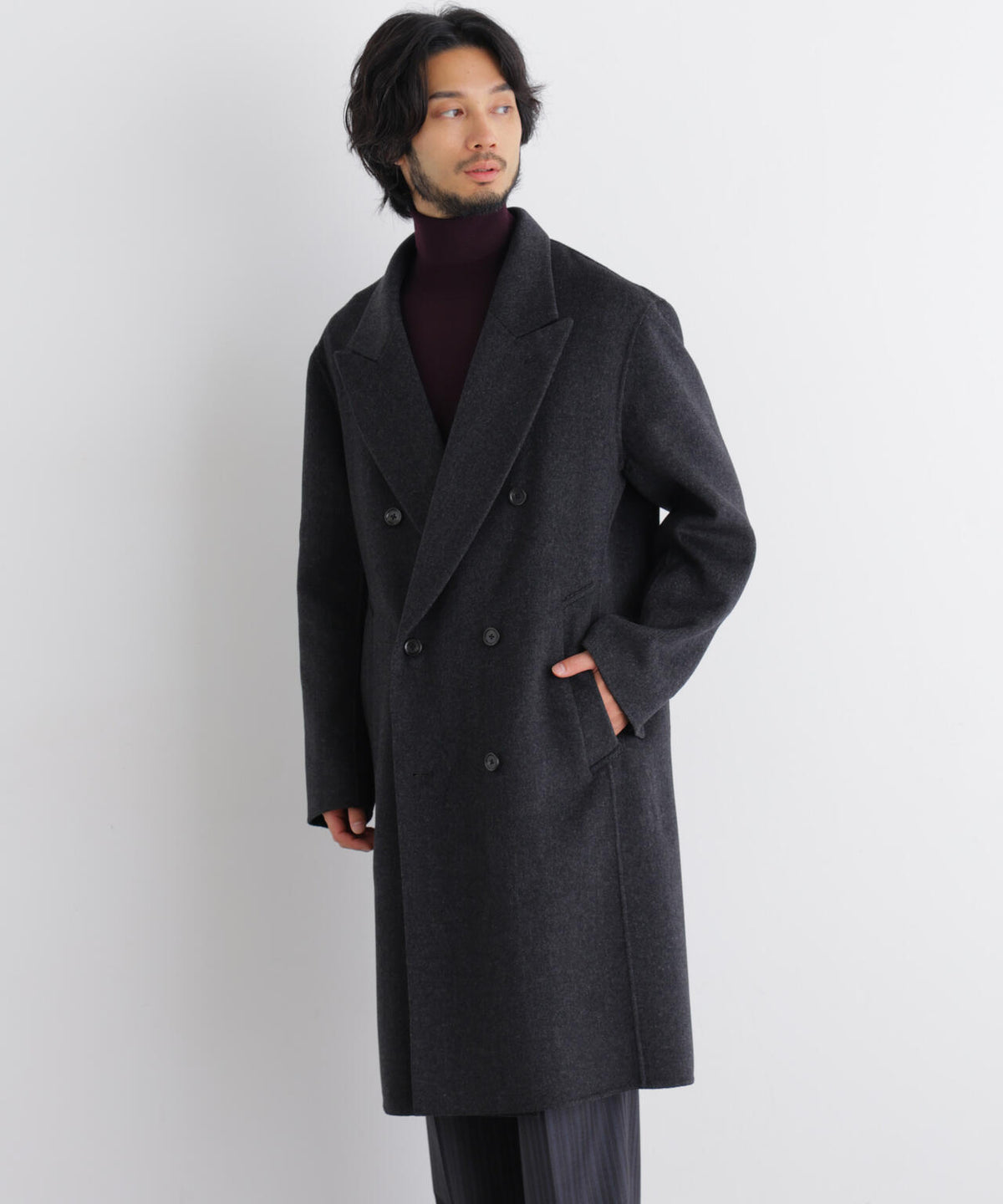 「ASSEMBLANC」 カシミヤブレンドリバーピークドラペルダブルコート