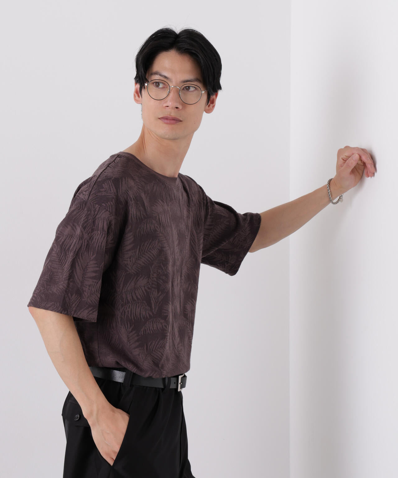 リンクスジャガードリーフ柄Tシャツ