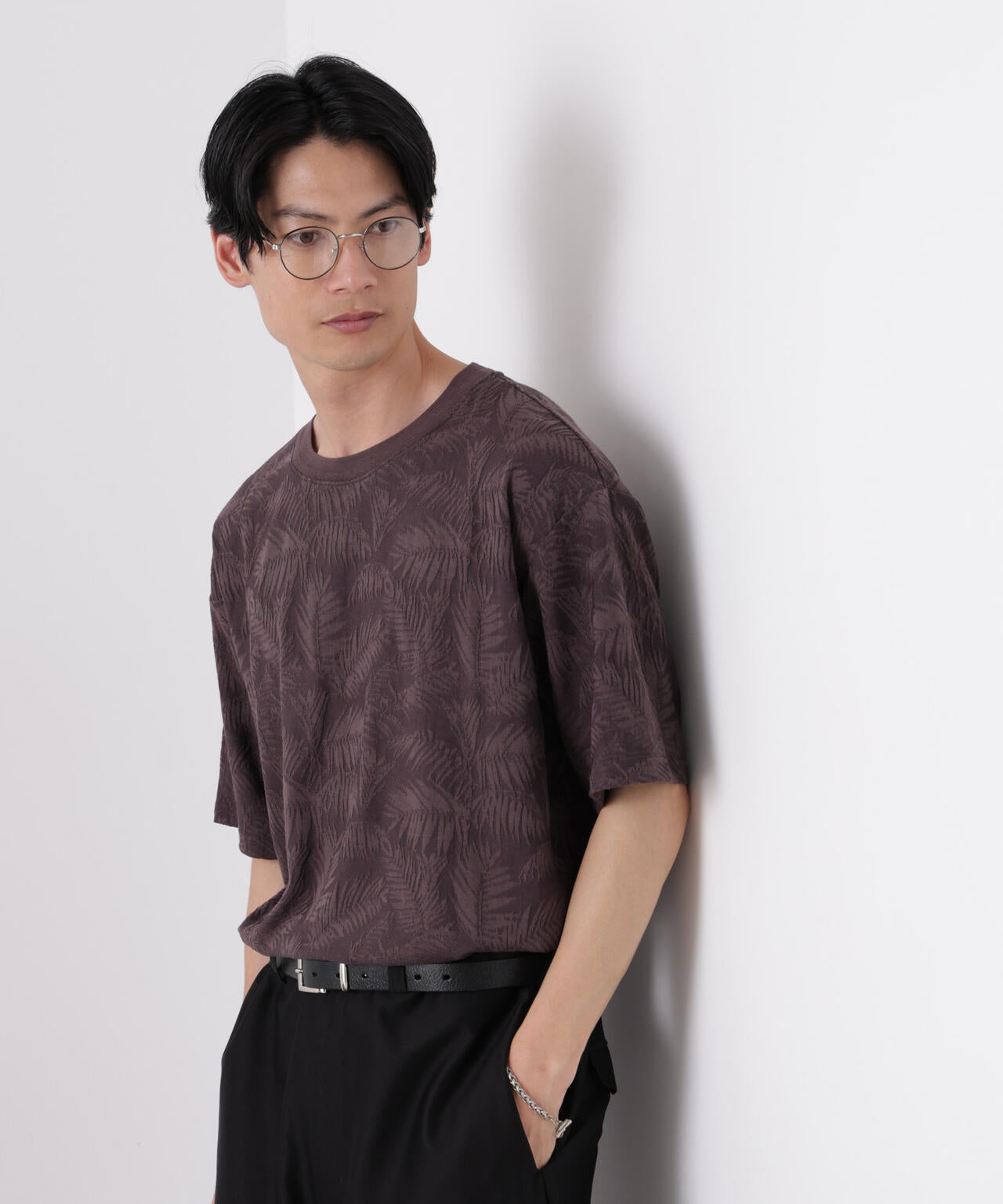 リンクスジャガードリーフ柄Tシャツ
