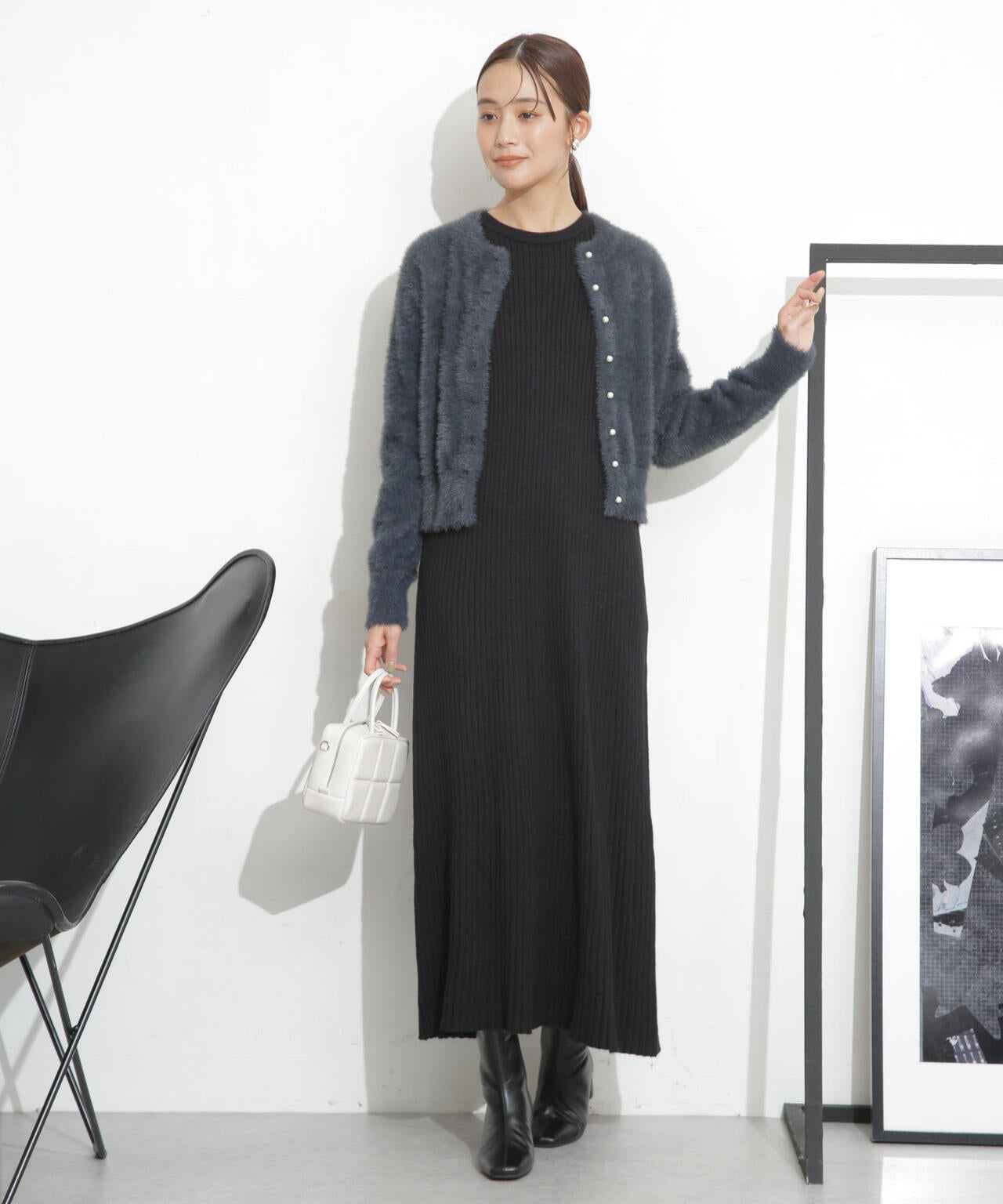 フェザーカーディガン+リブワンピース