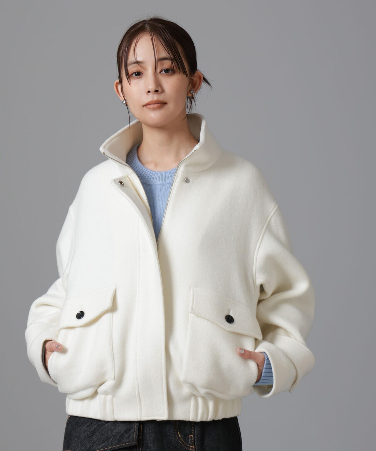 PECOLAMBウールカシミヤスタンドカラージップブルゾン
