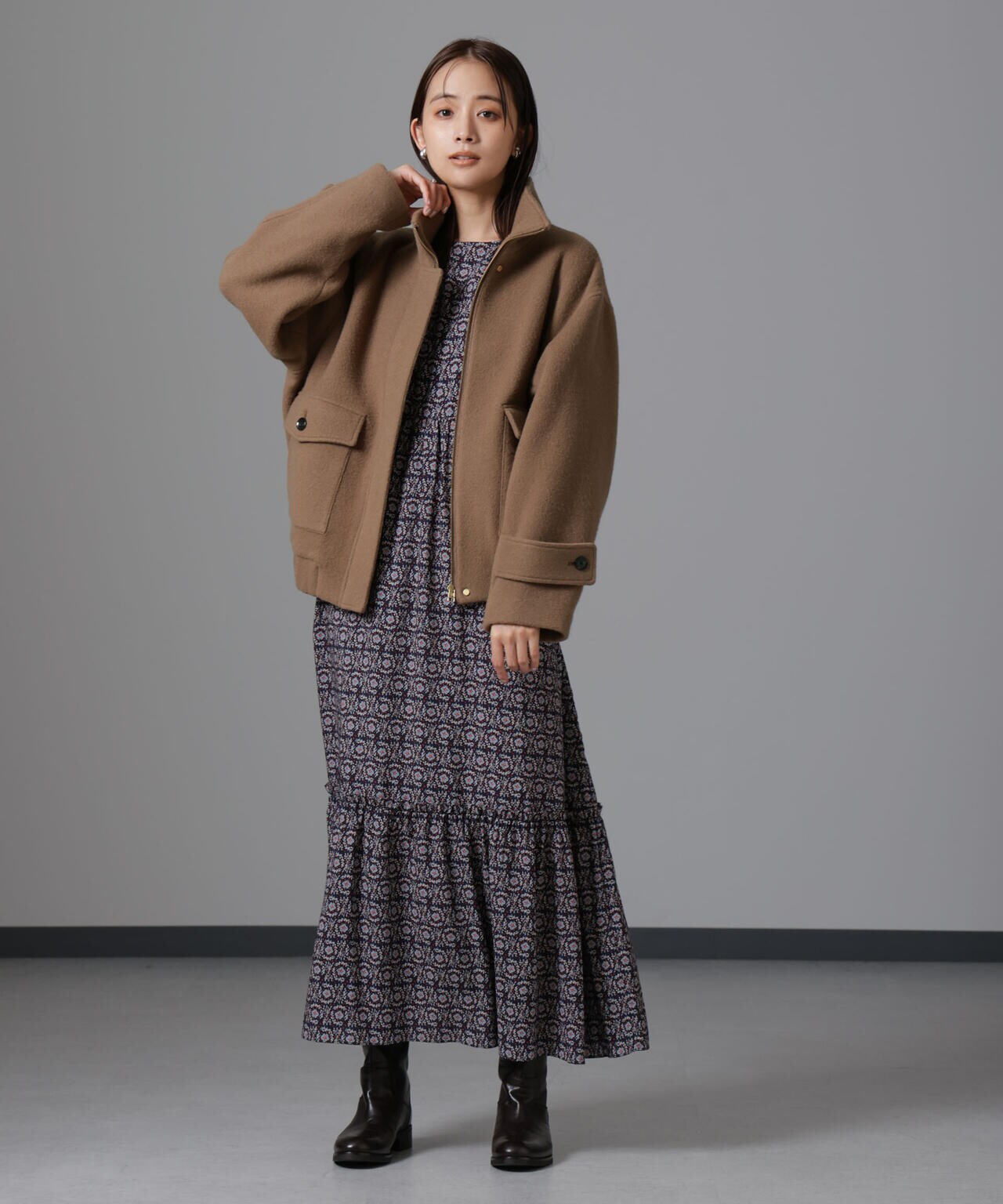 PECOLAMBウールカシミヤスタンドカラージップブルゾン