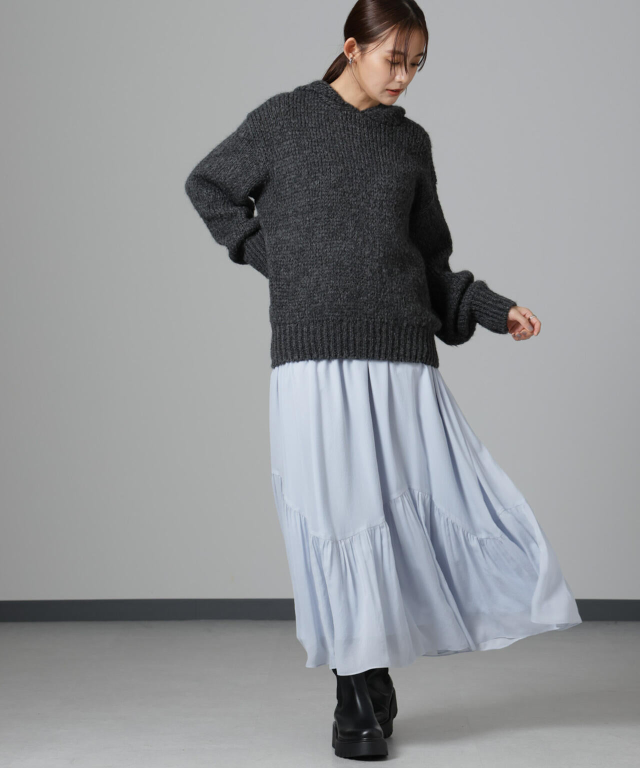 アシメティアードシフォンギャザースカート
