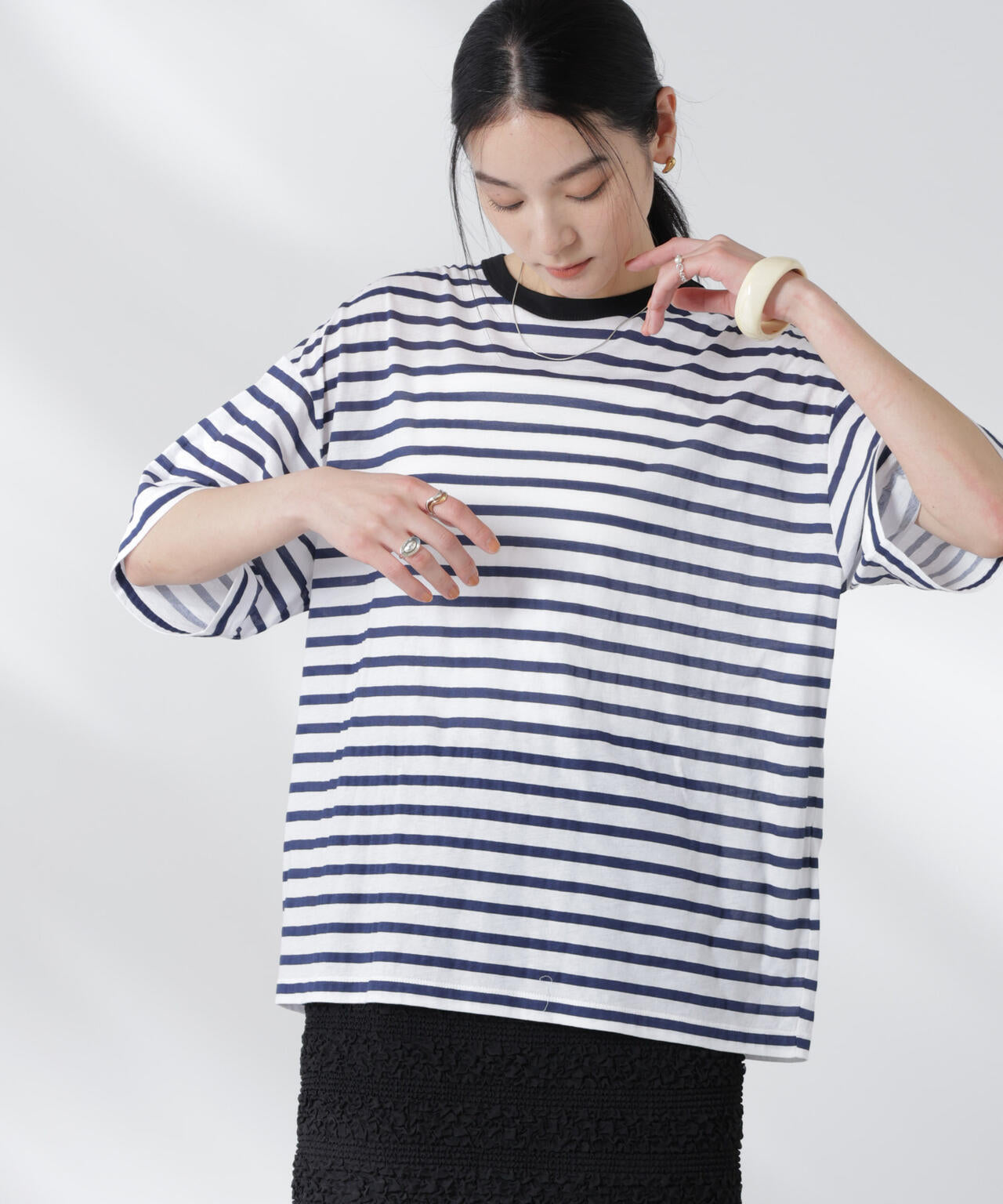 ボーダーシアーコットンTシャツ