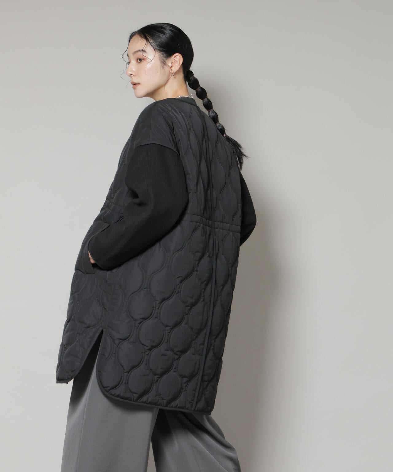 異素材コンビキルティングノーカラーコート