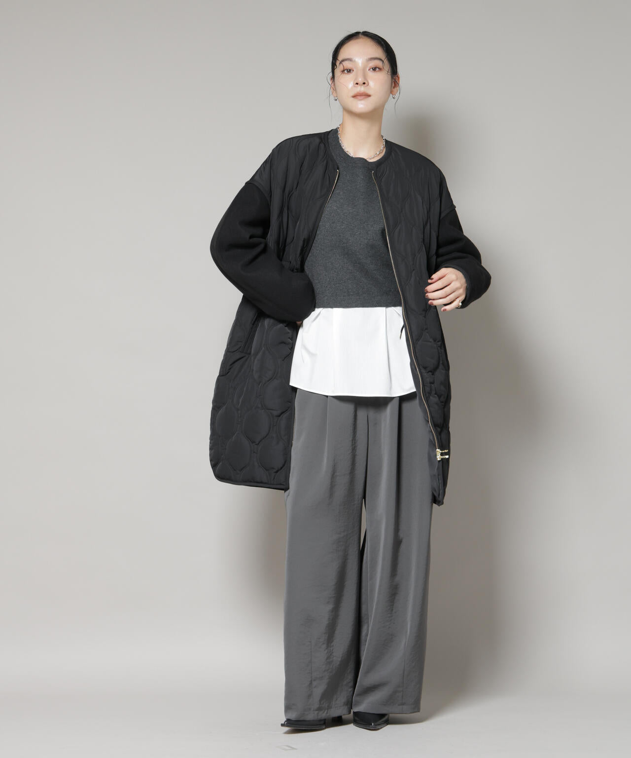 異素材コンビキルティングノーカラーコート