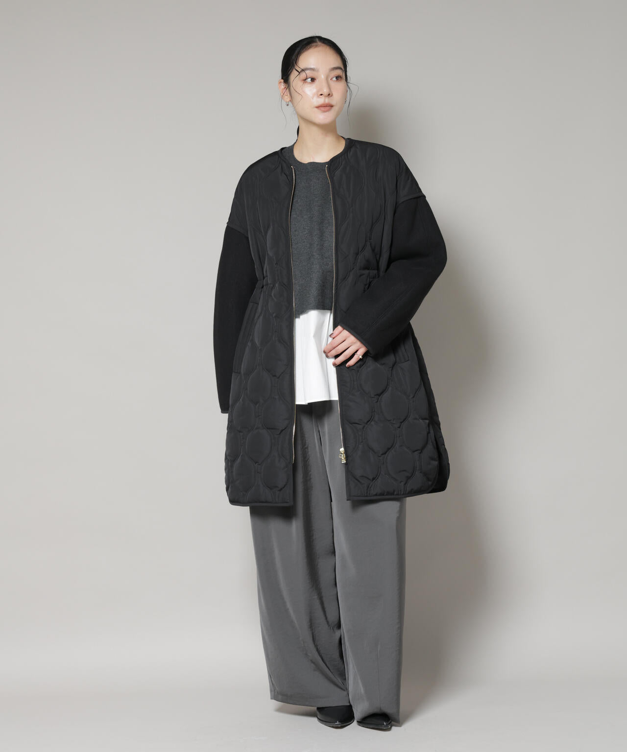 異素材コンビキルティングノーカラーコート