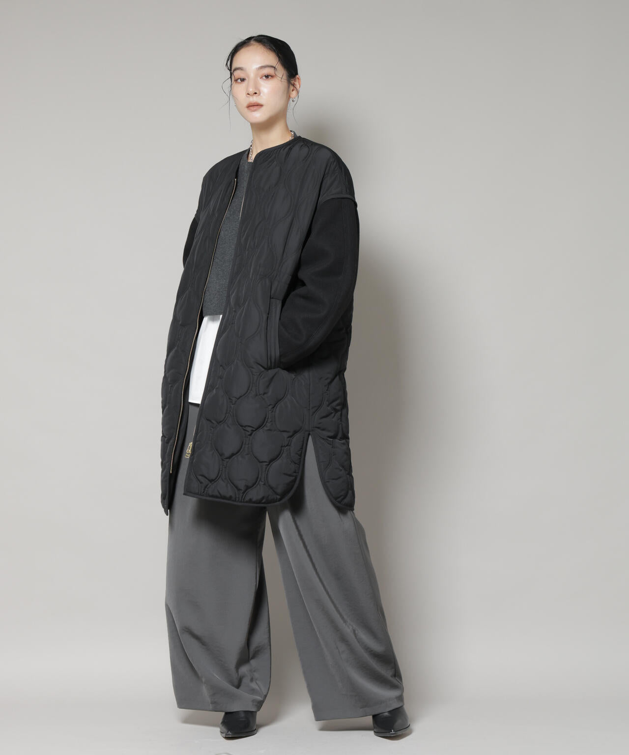 異素材コンビキルティングノーカラーコート