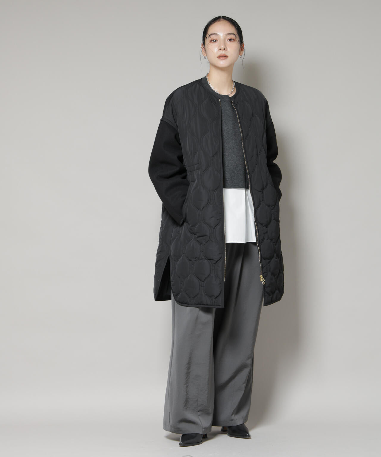 異素材コンビキルティングノーカラーコート