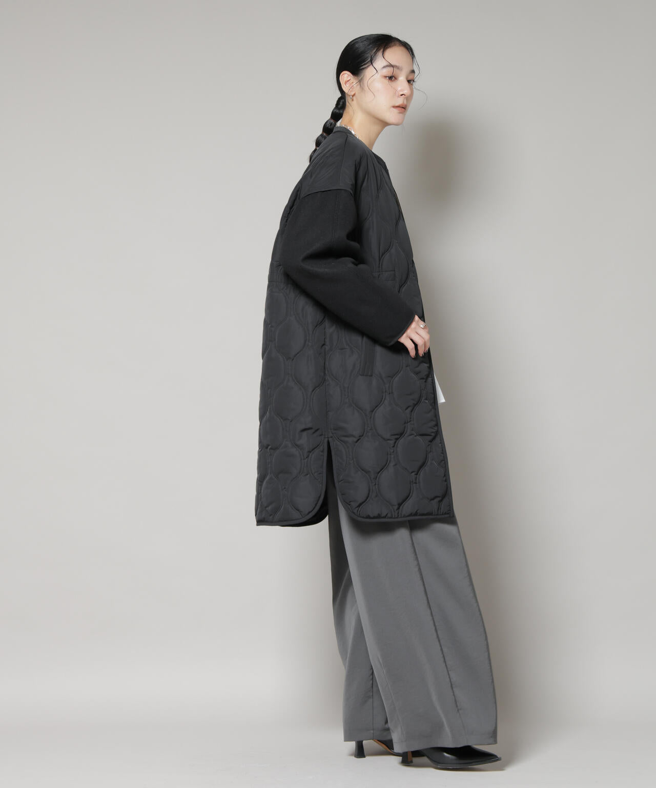 異素材コンビキルティングノーカラーコート