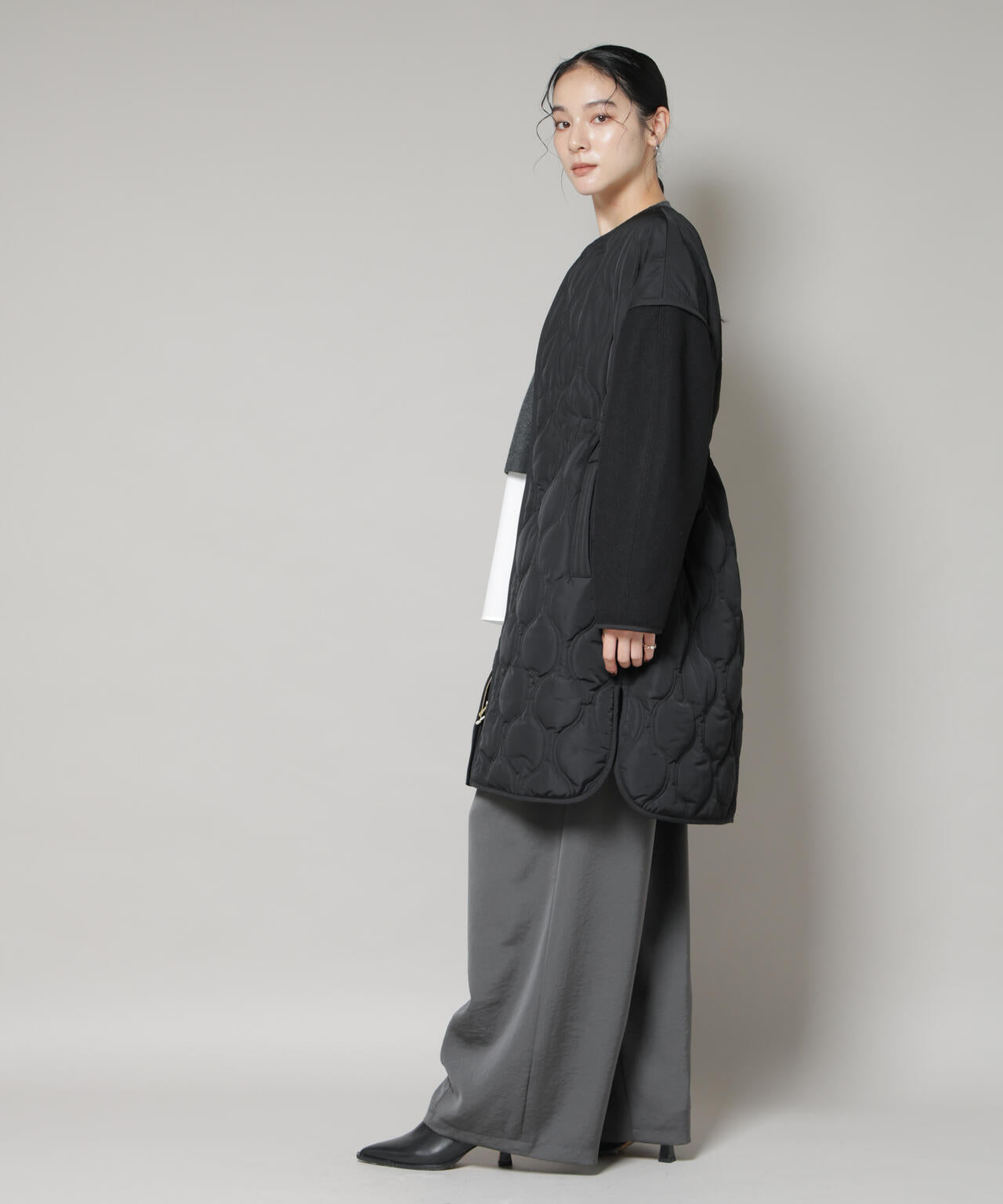 異素材コンビキルティングノーカラーコート