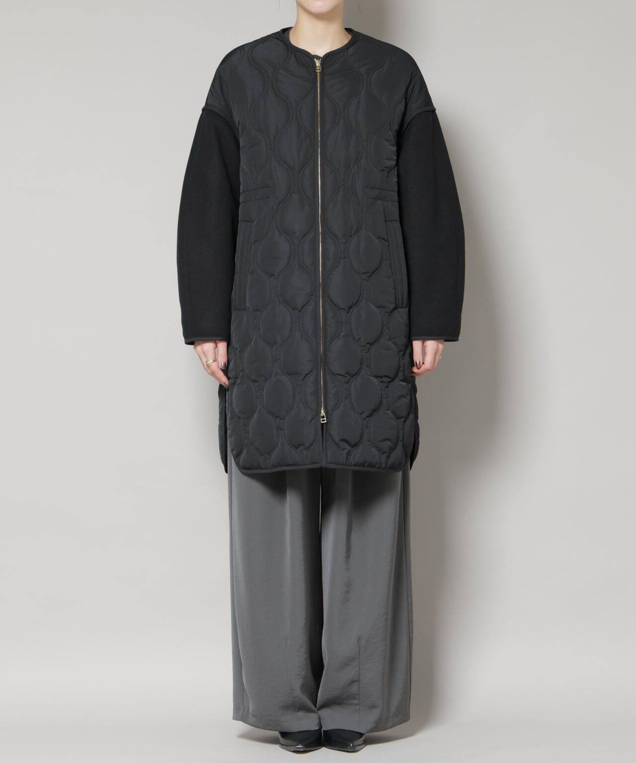 異素材コンビキルティングノーカラーコート